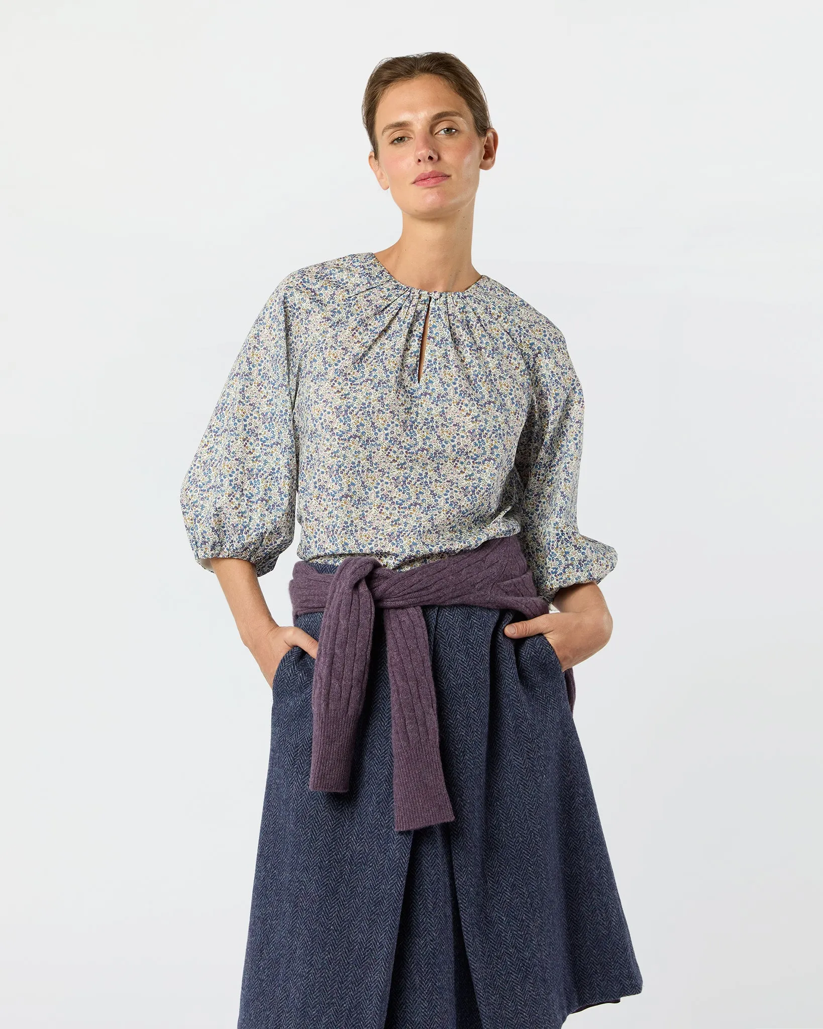 Savannah Top in Eggplant/Multi Wiltshire Bud Liberty Fabric sold by Mashburn