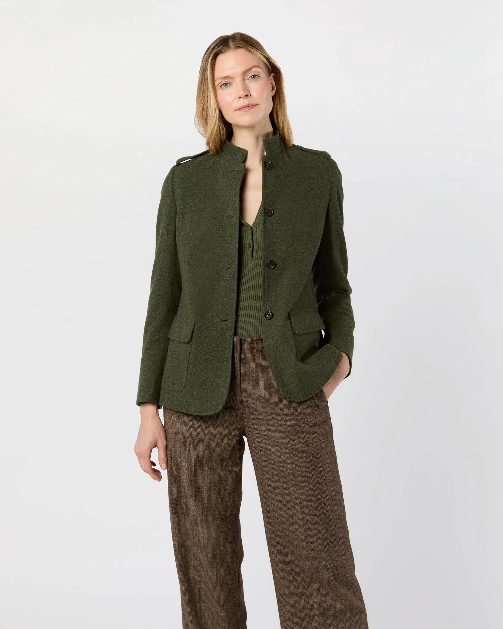 Marguerite Jacket in Heather Olive Loden Wool sold by Mashburn