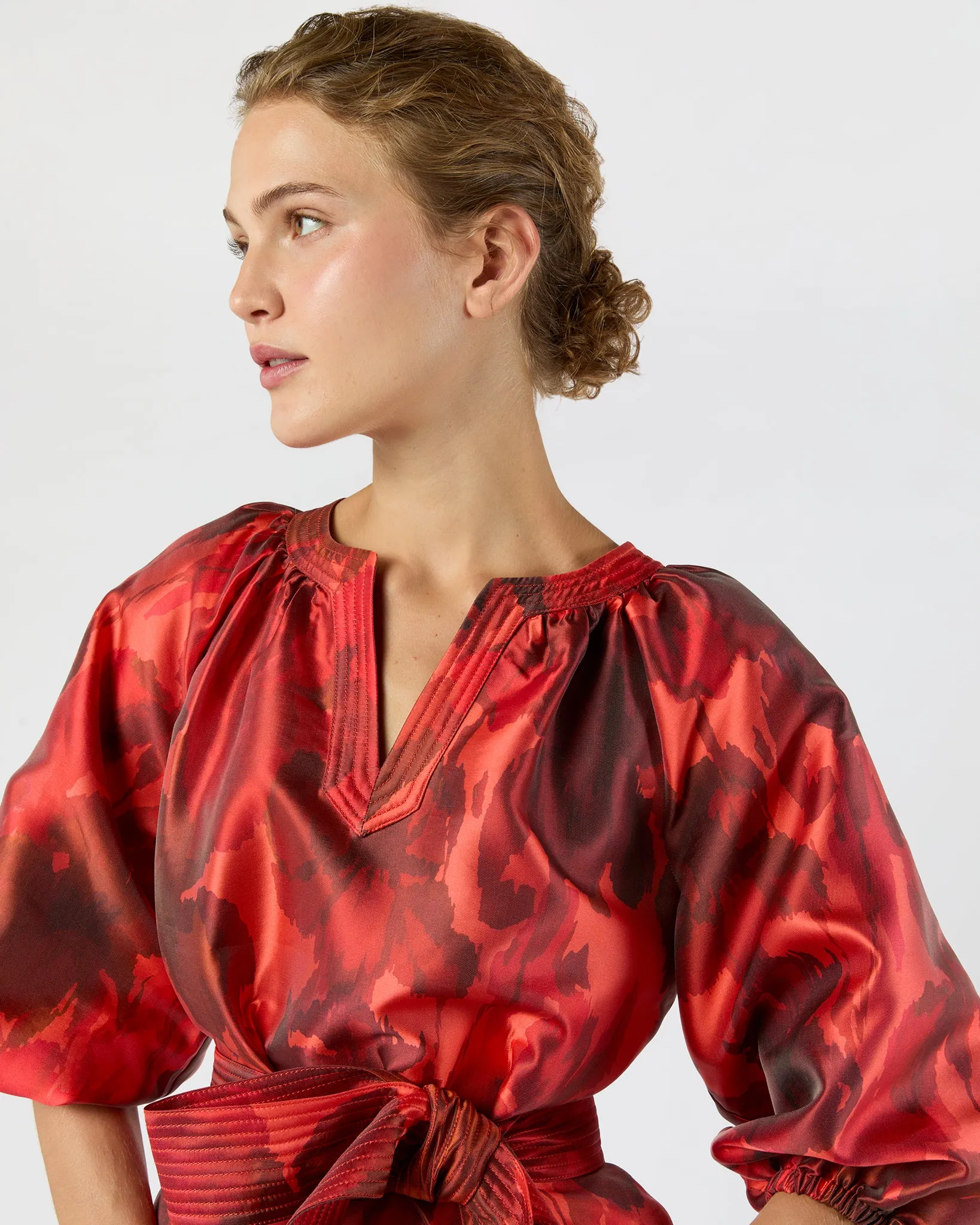 Trapunto Blouson Dress in Red/Multi Watercolor Floral Mikado sold by Mashburn product image thumbnail 2