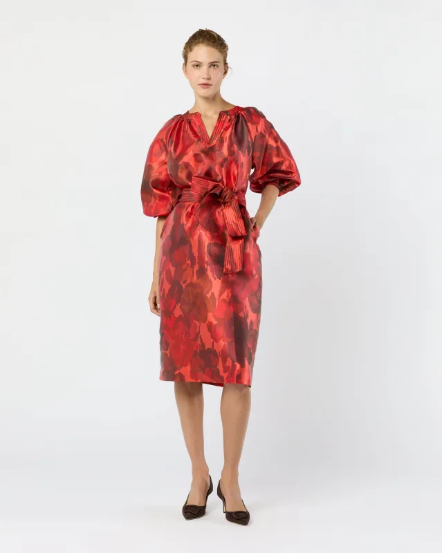 Trapunto Blouson Dress in Red/Multi Watercolor Floral Mikado sold by Mashburn