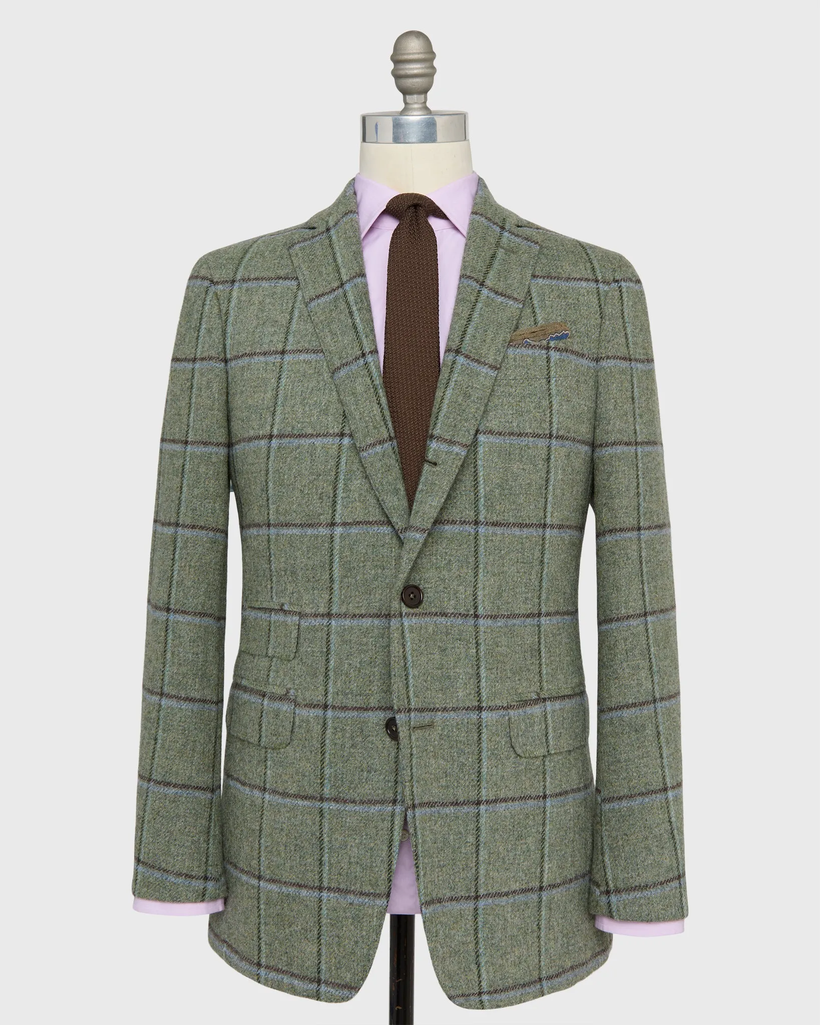 Virgil No. 2 Jacket in Lovat/Sky/Brown Windowpane Tweed sold by Mashburn