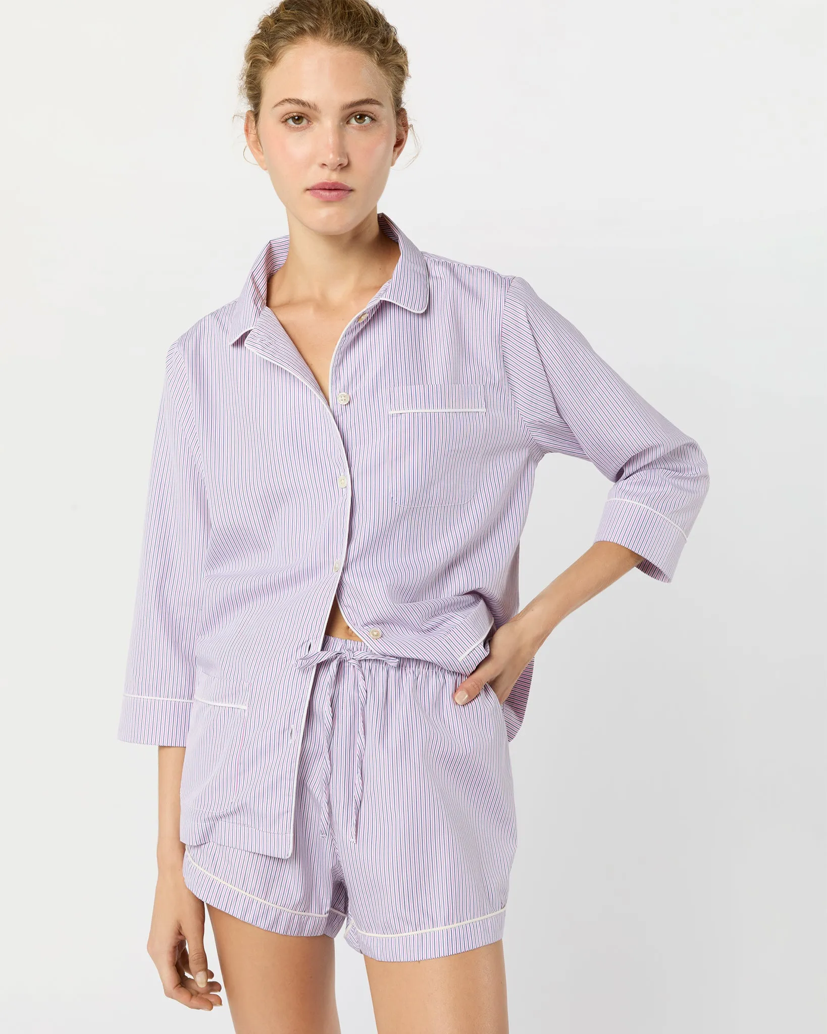 Hailey Pajama Shorts Set in Pink/Blue Multi Stripe Poplin sold by Mashburn product image thumbnail 2