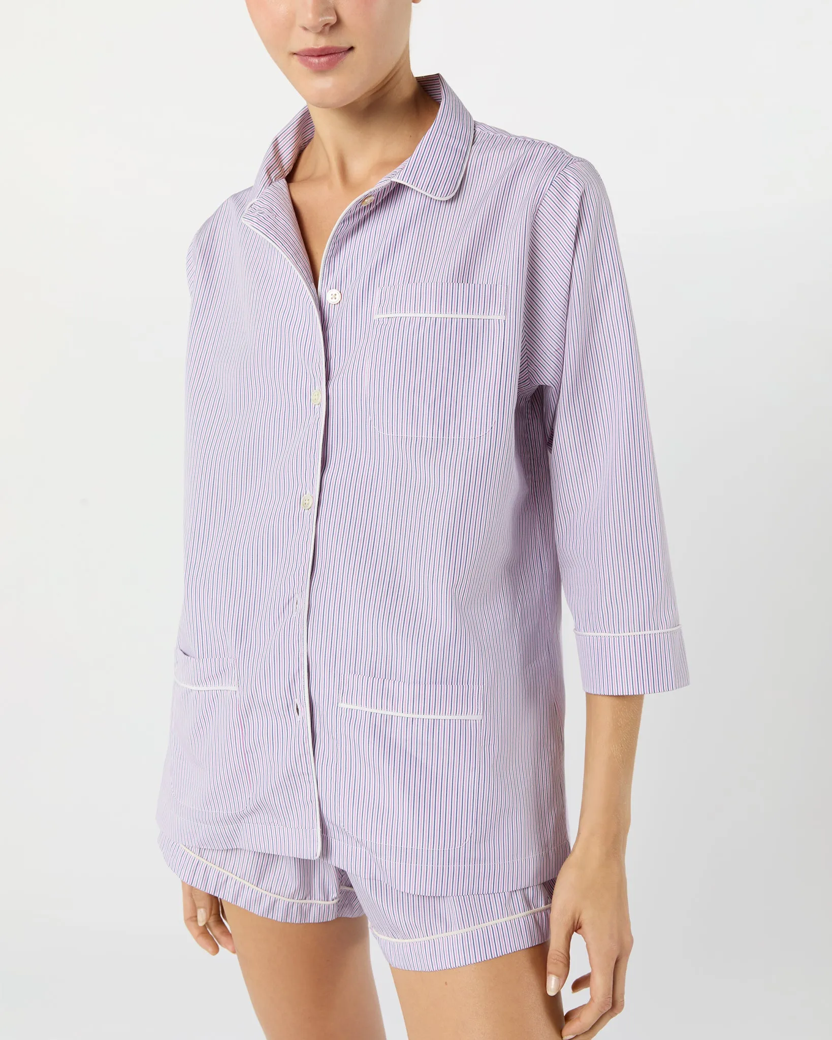 Hailey Pajama Shorts Set in Pink/Blue Multi Stripe Poplin sold by Mashburn product image thumbnail 5