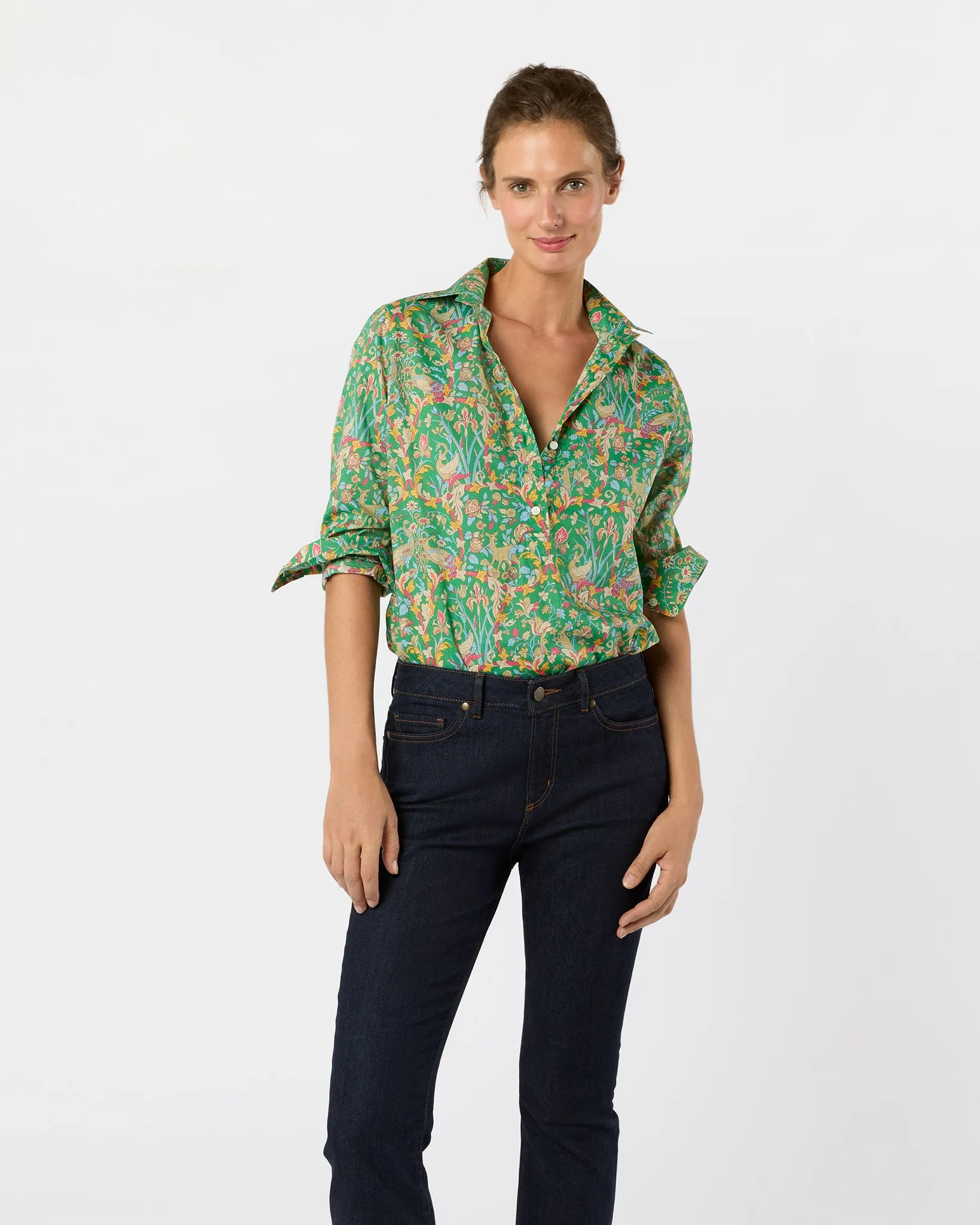 Tomboy Popover Shirt in Avocado/Multi Joan Liberty Fabric sold by Mashburn