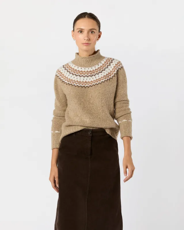 Marge Fair Isle Sweater in Camel Donegal Multi Cashmere made by Mashburn