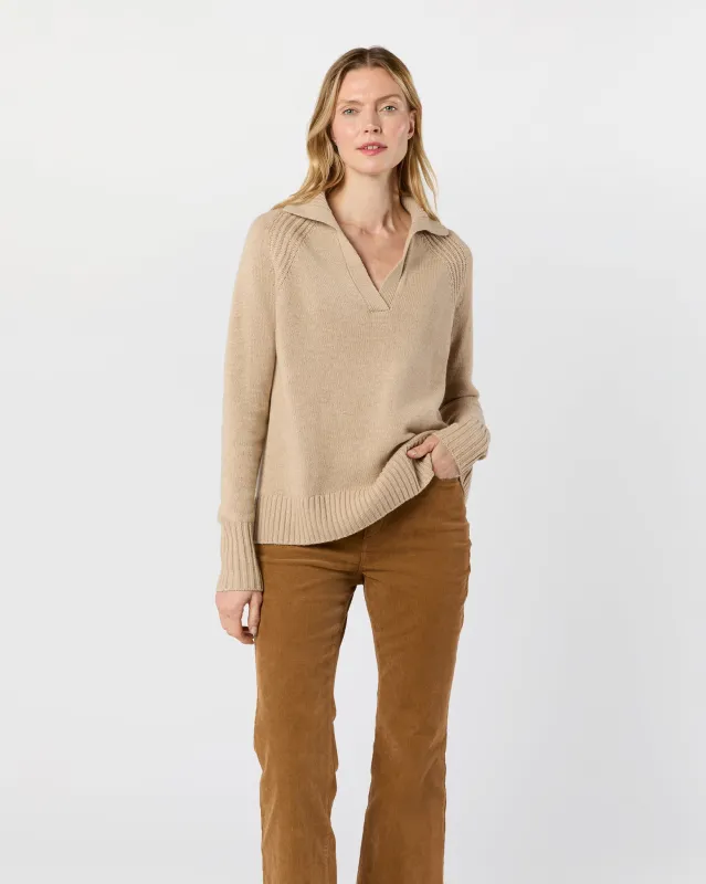 Blaire Johnny-Collar Jersey Sweater in Heather Oat Cashmere sold by Mashburn