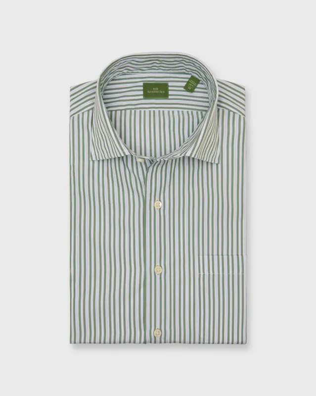 Spread Collar Dress Shirt in Olive/Sky Stripe Poplin sold by Mashburn