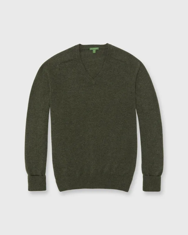 Classic V-Neck Sweater in Heather Olive Cashmere sold by Mashburn