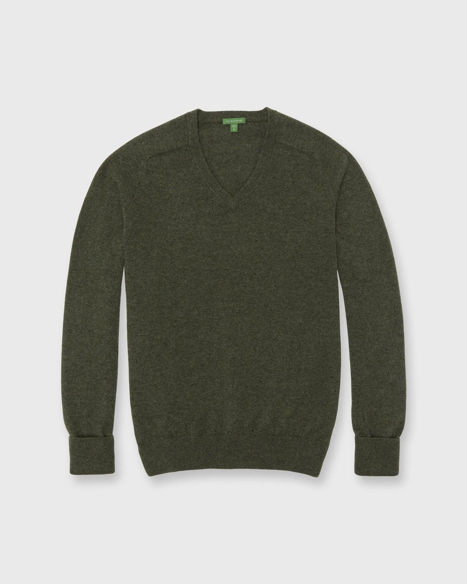 Classic V-Neck Sweater in Heather Olive Cashmere sold by Mashburn