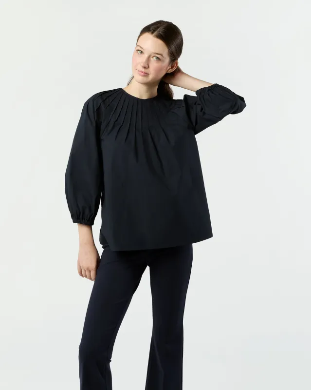 Thea Pintuck Top in Navy Paperweight Stretch Poplin sold by Mashburn