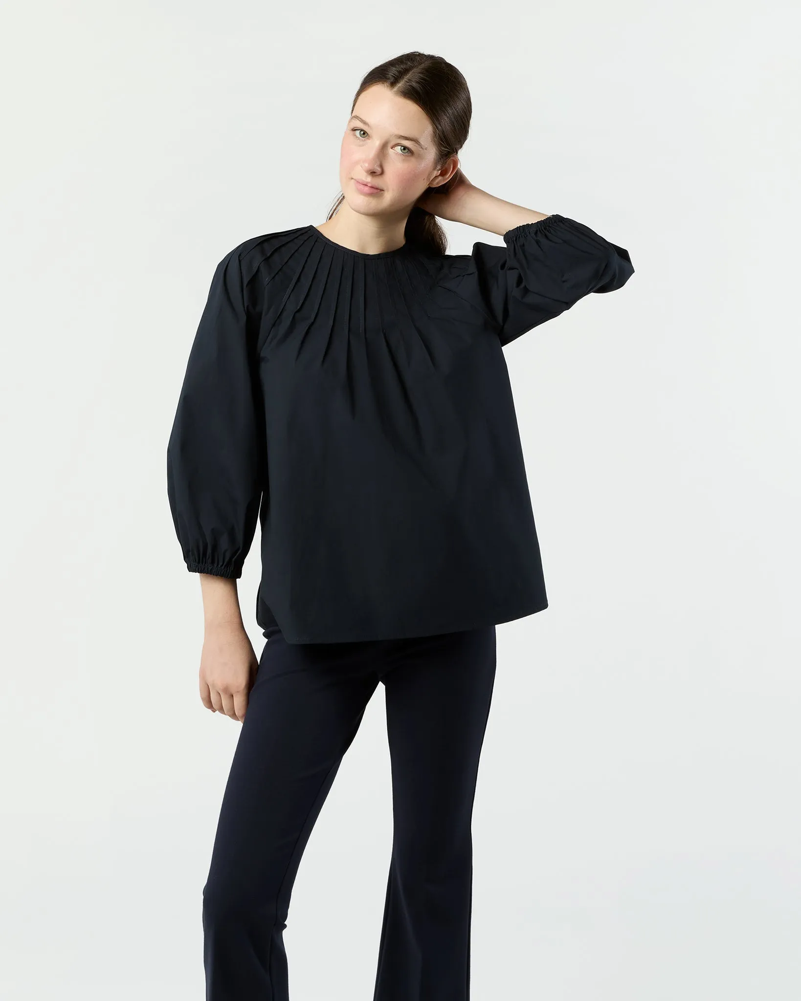 Thea Pintuck Top in Navy Paperweight Stretch Poplin sold by Mashburn