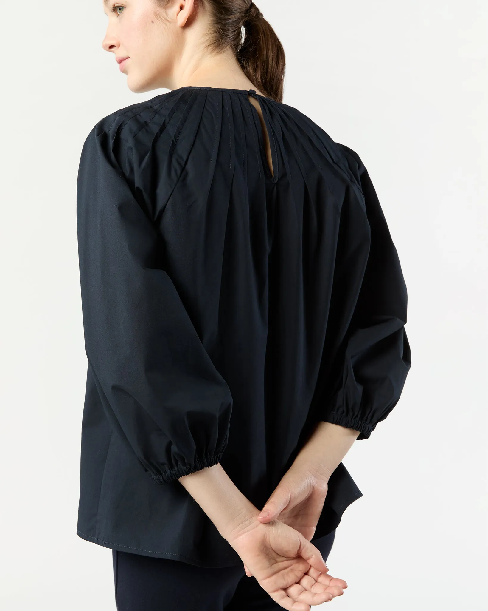 Thea Pintuck Top in Navy Paperweight Stretch Poplin sold by Mashburn product image thumbnail 4