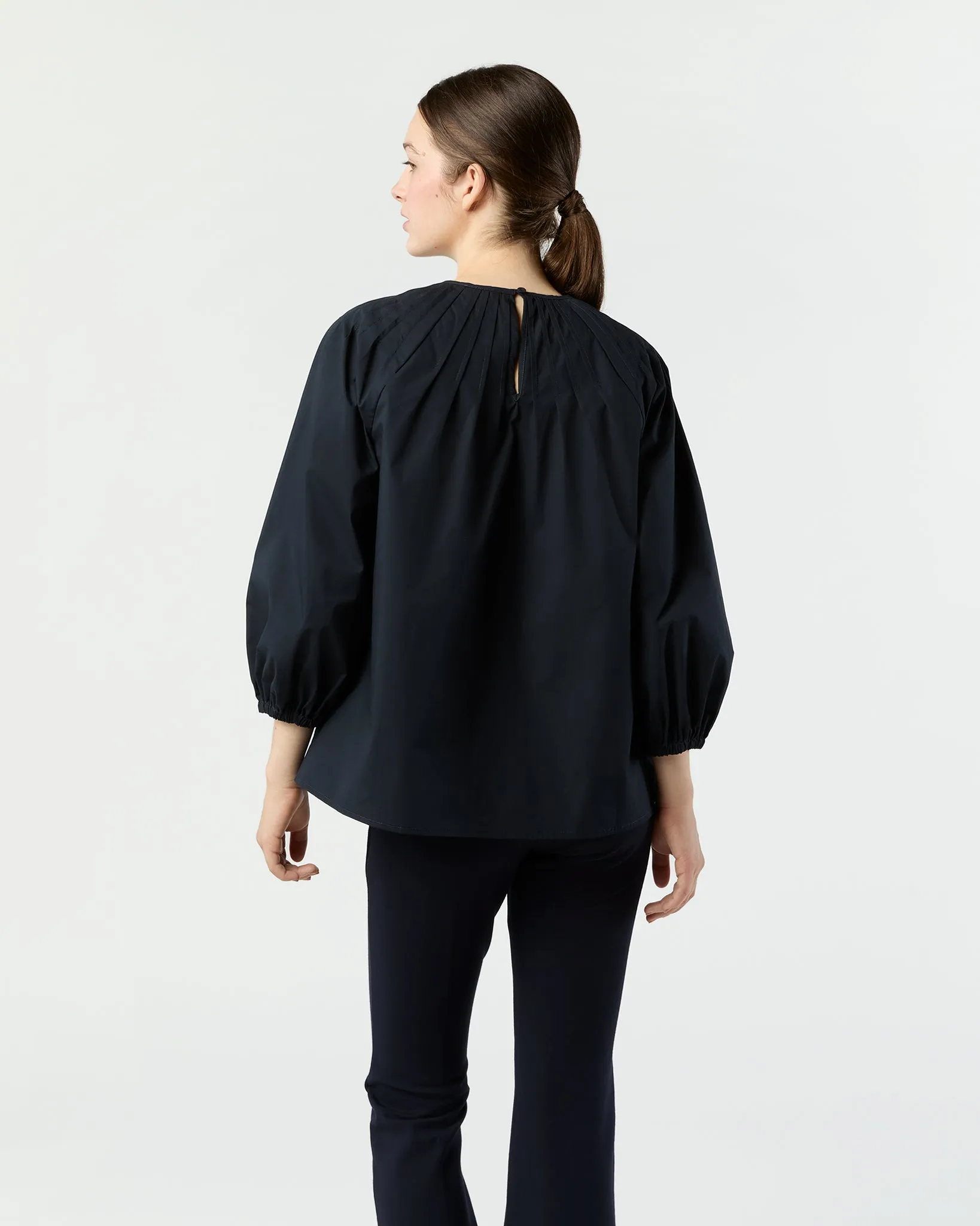 Thea Pintuck Top in Navy Paperweight Stretch Poplin sold by Mashburn product image thumbnail 5
