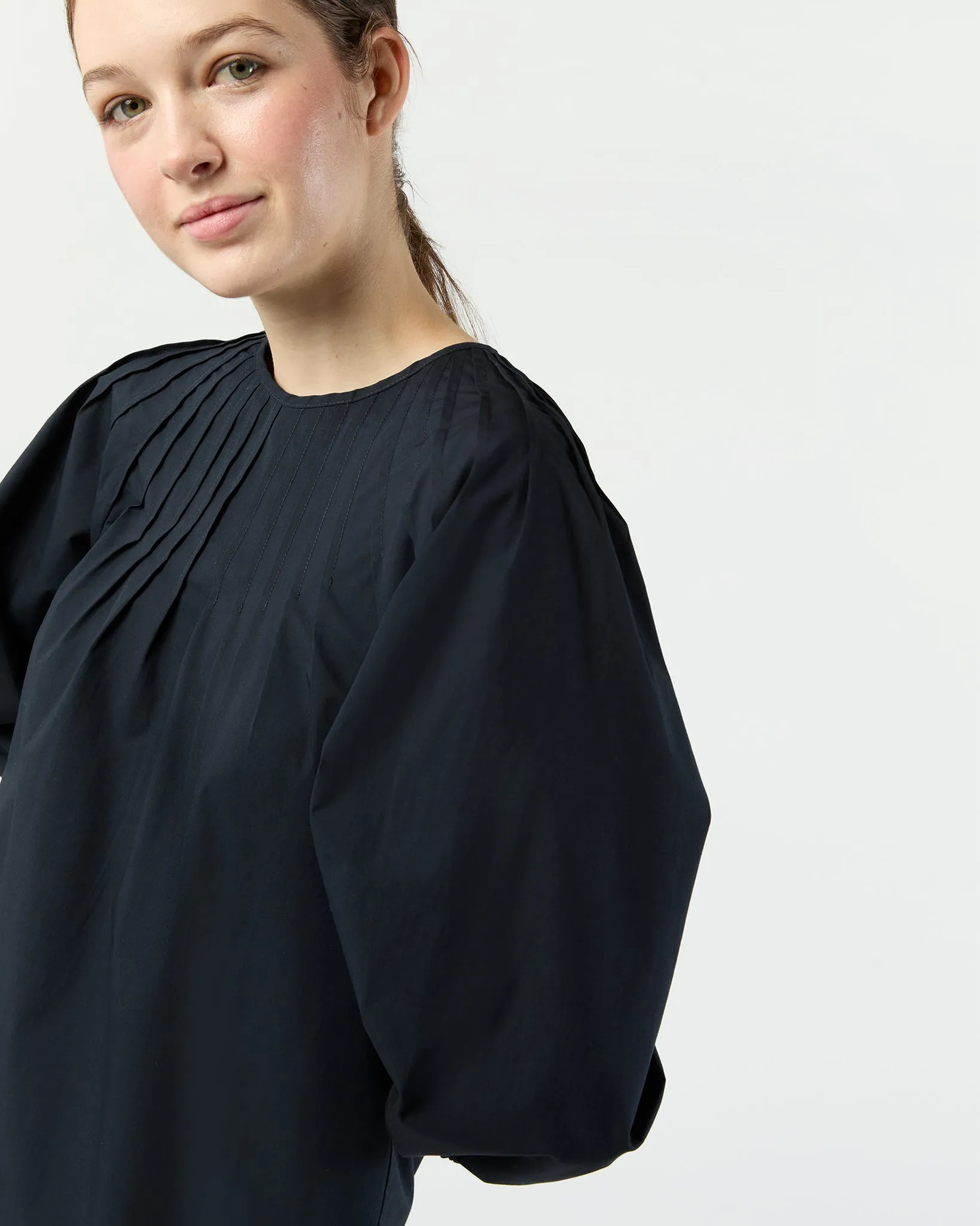 Thea Pintuck Top in Navy Paperweight Stretch Poplin sold by Mashburn product image thumbnail 2