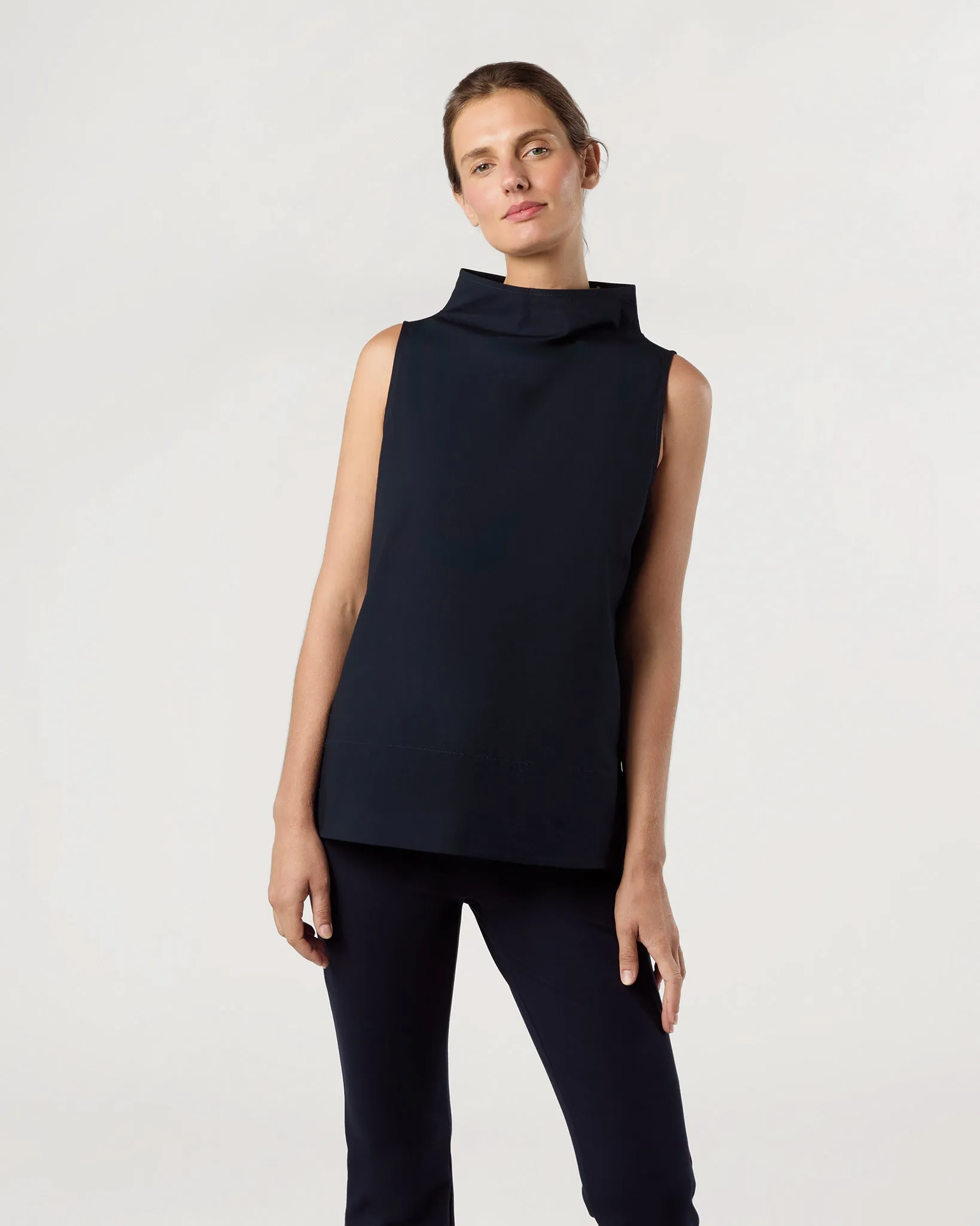 Funnel-Neck Top in Navy Paperweight Stretch Poplin sold by Mashburn