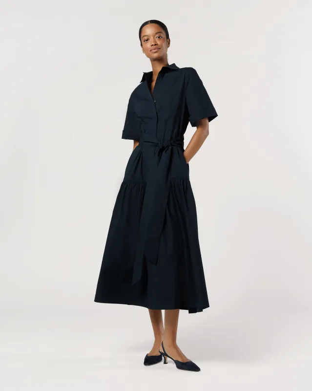 Nathalie Dress in Navy Paperweight Stretch Poplin sold by Mashburn