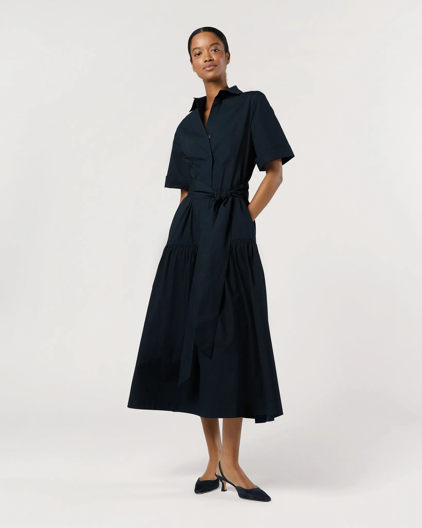 Nathalie Dress in Navy Paperweight Stretch Poplin sold by Mashburn