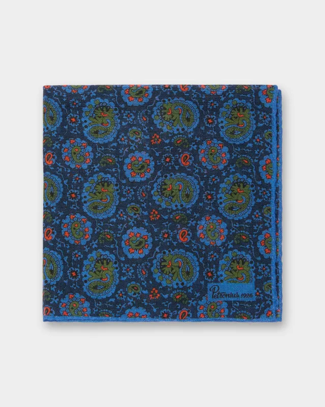 Wool/Silk Pocket Square in Navy/Green/Orange Paisley sold by Mashburn