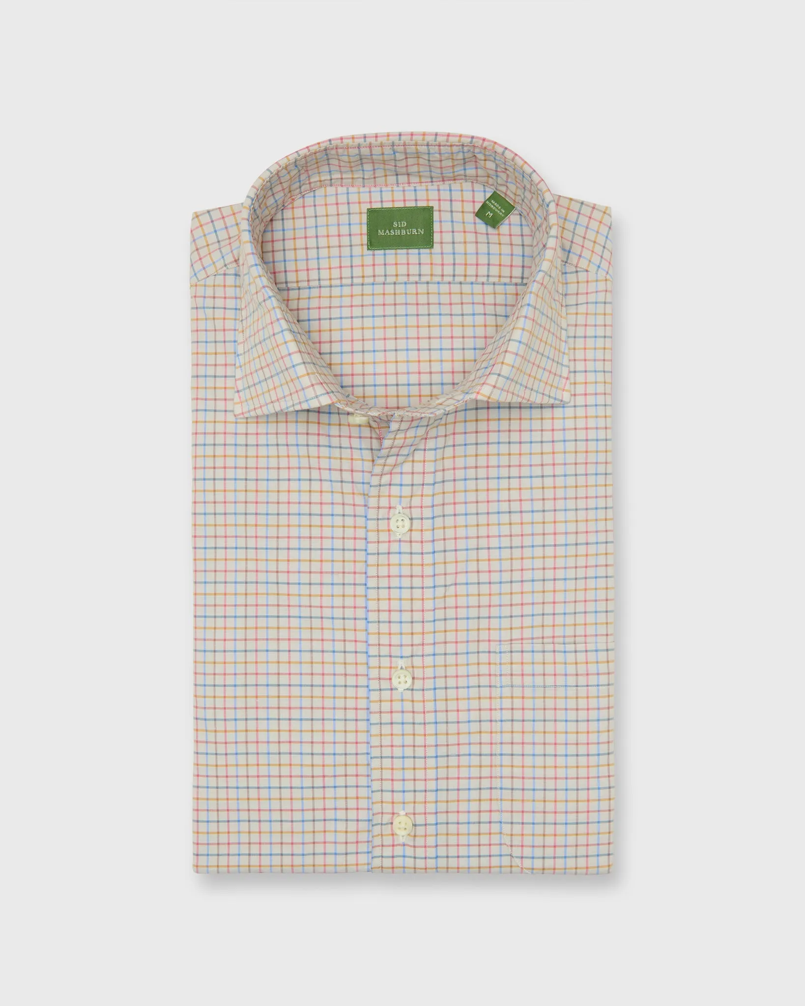 Spread Collar Sport Shirt in Bone/Sky/Berry Tattersall Poplin sold by Mashburn