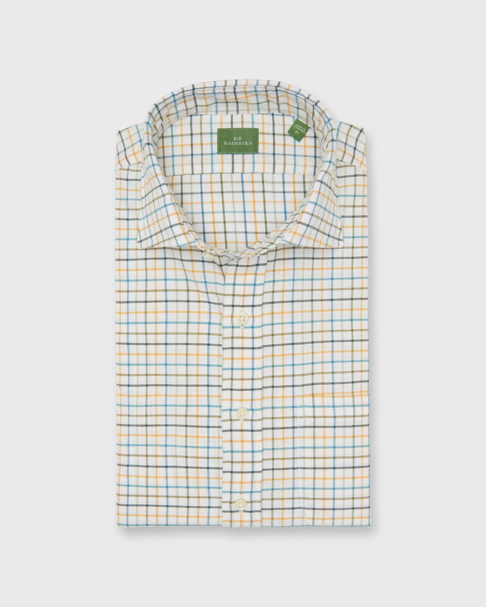 Spread Collar Sport Shirt in Olive/Maize/Aegean Tattersall Twill sold by Mashburn
