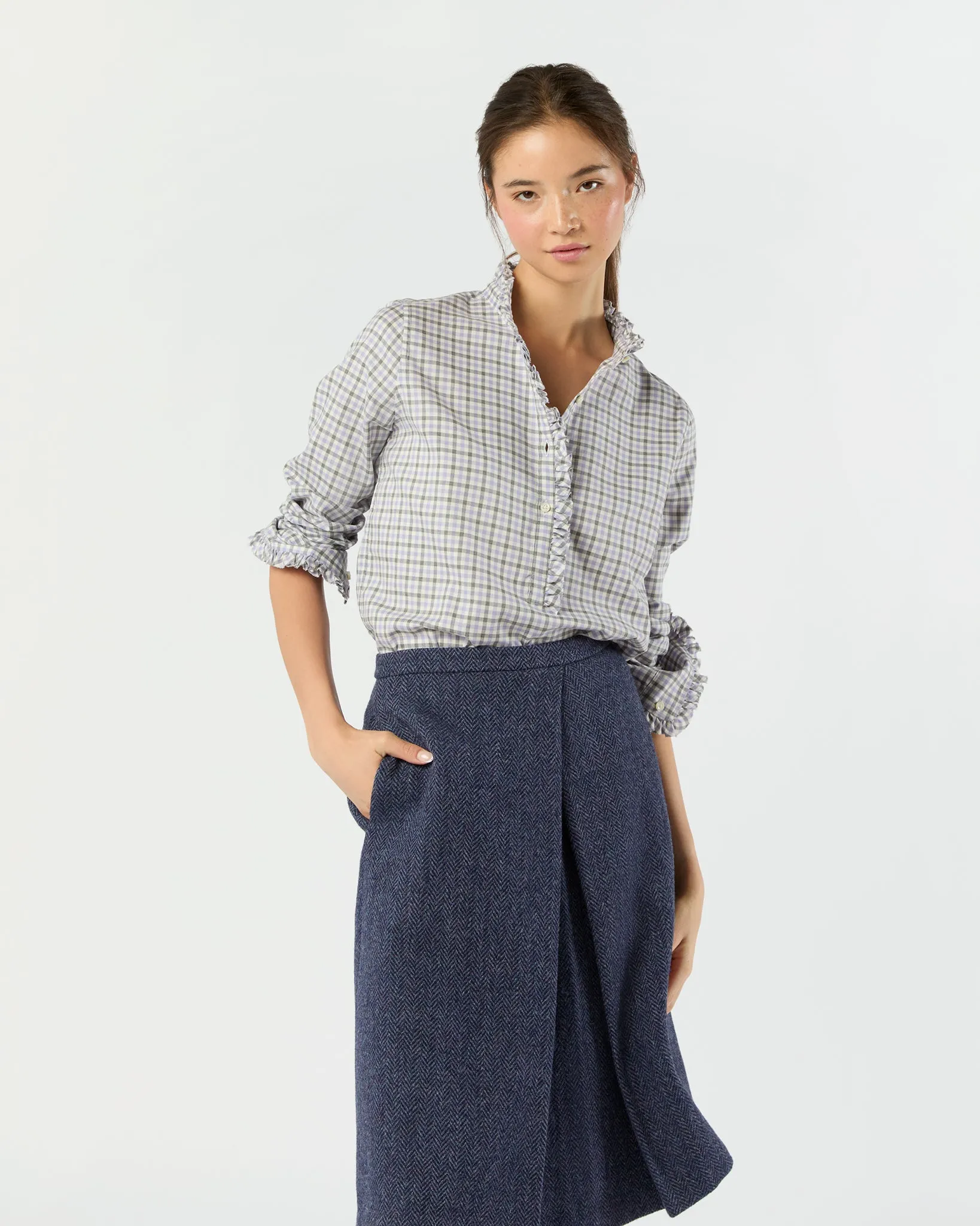 Frill Shirt in Bone/Lavender/Grey Tattersall Twill sold by Mashburn