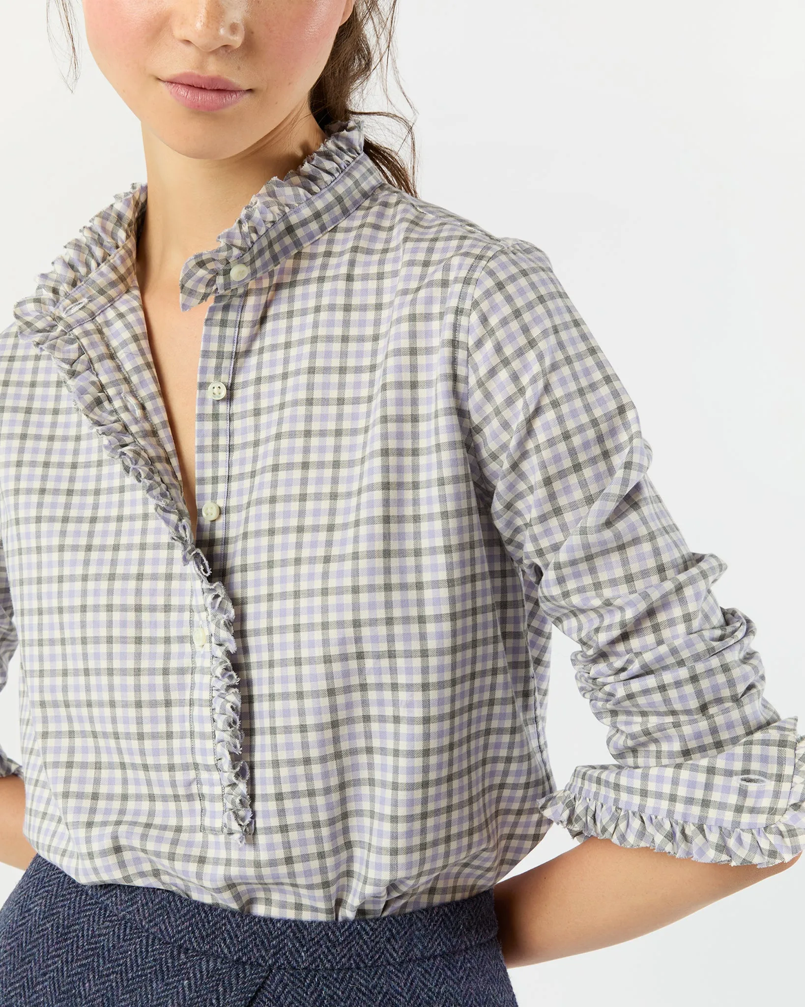 Frill Shirt in Bone/Lavender/Grey Tattersall Twill sold by Mashburn product image thumbnail 2