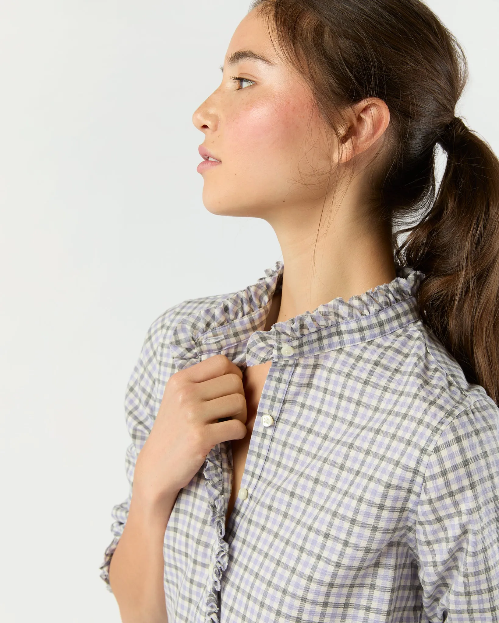 Frill Shirt in Bone/Lavender/Grey Tattersall Twill sold by Mashburn product image thumbnail 5