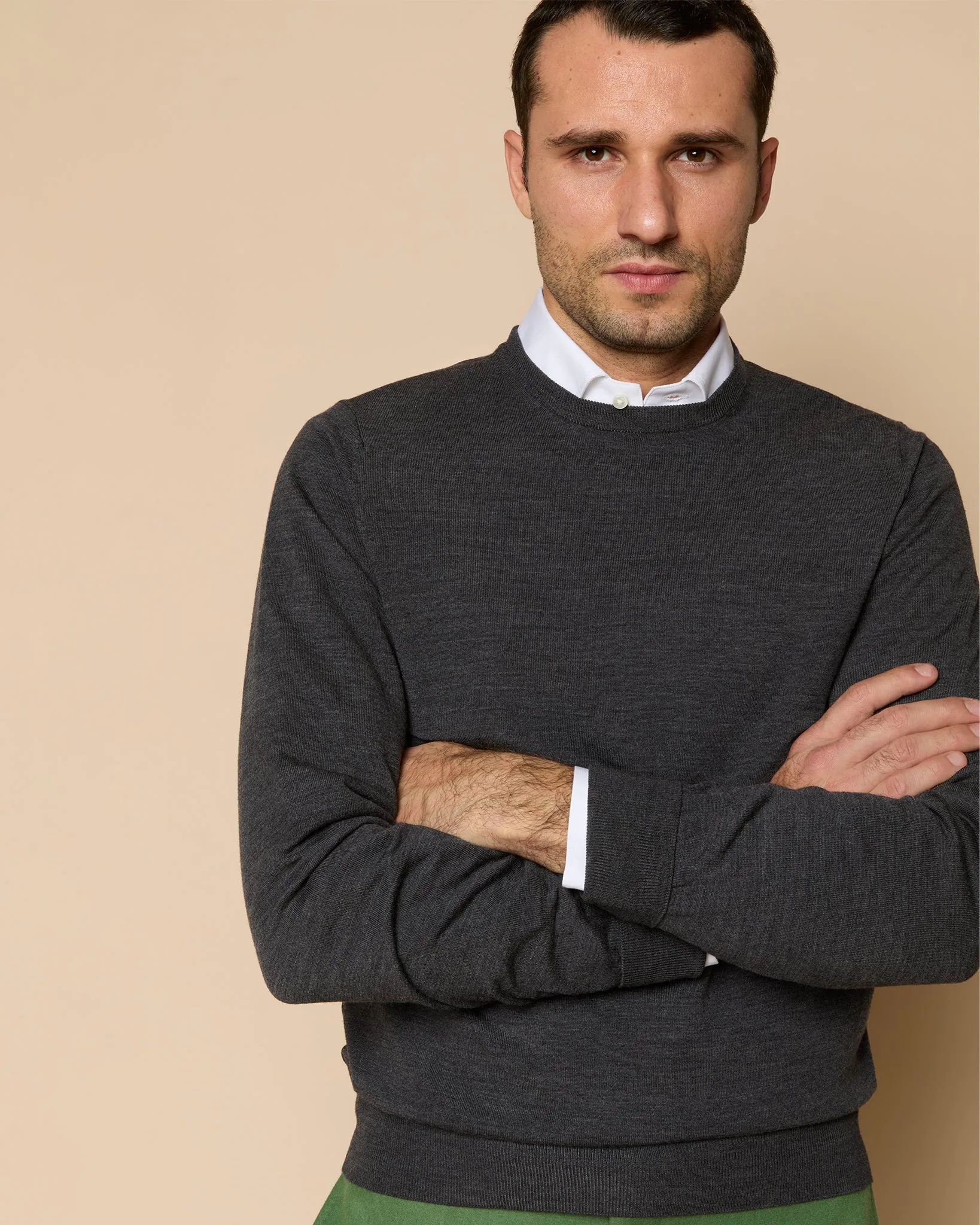 Fine-Gauge Crewneck Sweater in Heather Charcoal Escorial Wool sold by Mashburn product image thumbnail 2