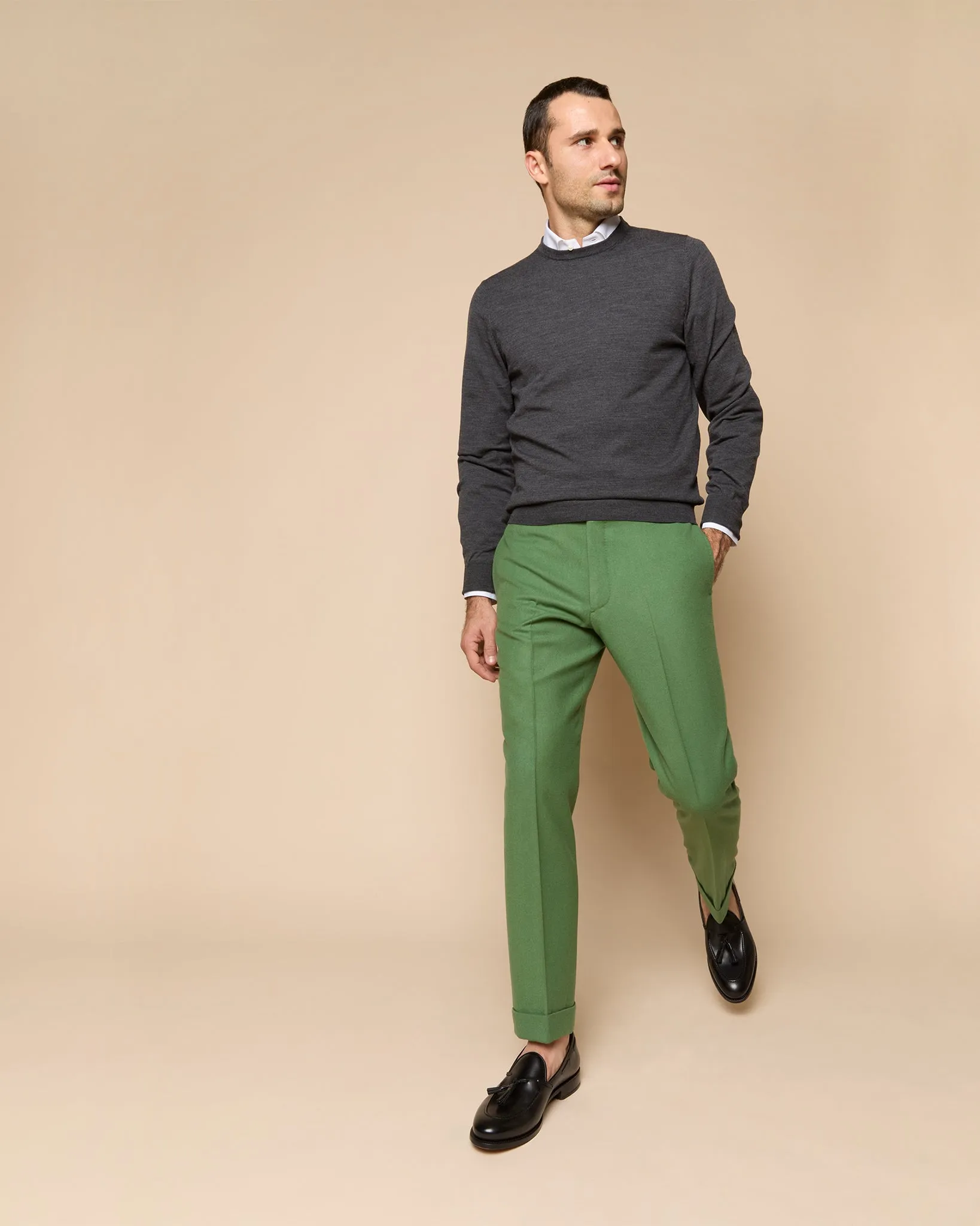 Fine-Gauge Crewneck Sweater in Heather Charcoal Escorial Wool sold by Mashburn product image thumbnail 3