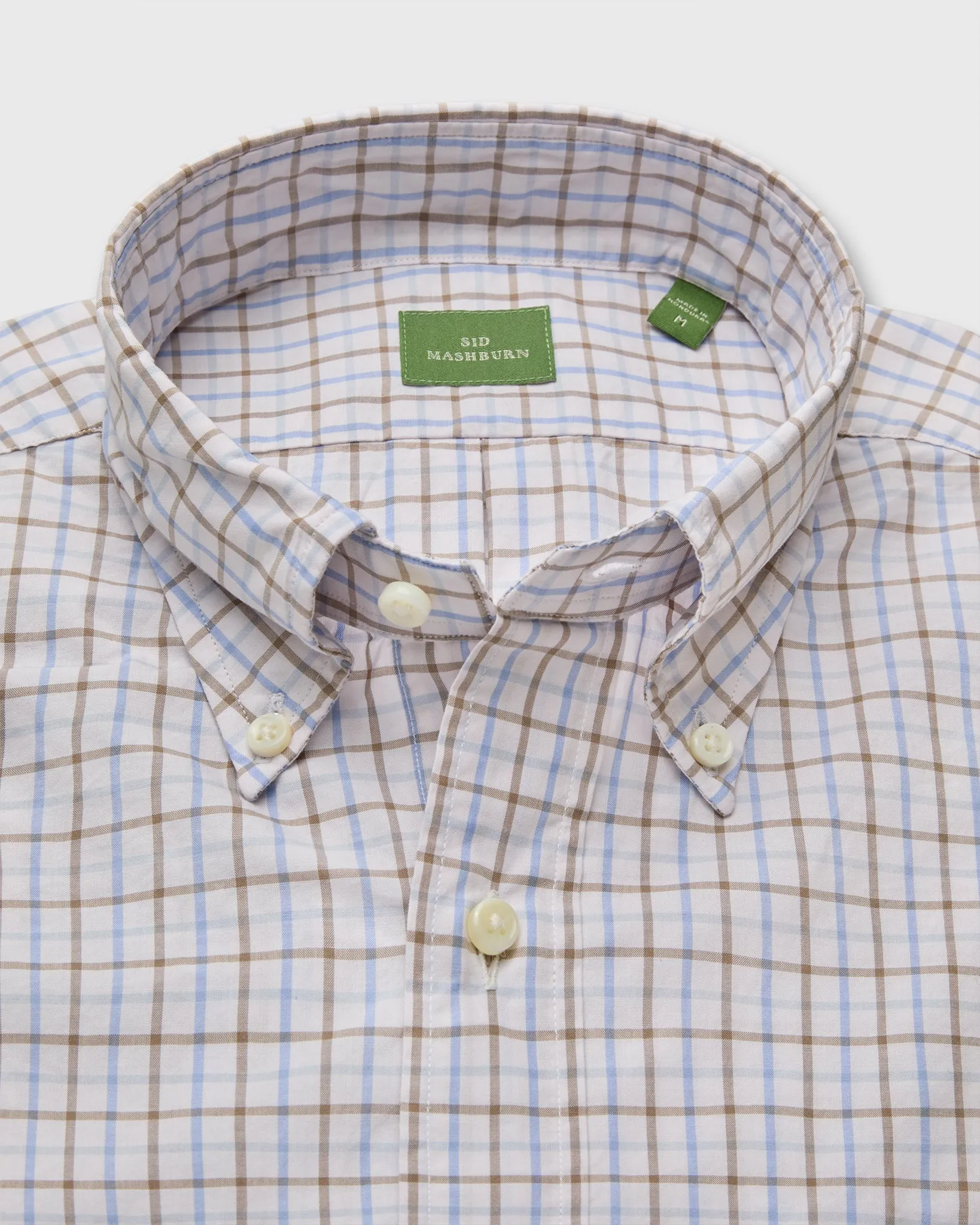 Button-Down Sport Shirt in Bone/Olive/Sky Tattersall Poplin sold by Mashburn product image thumbnail 2