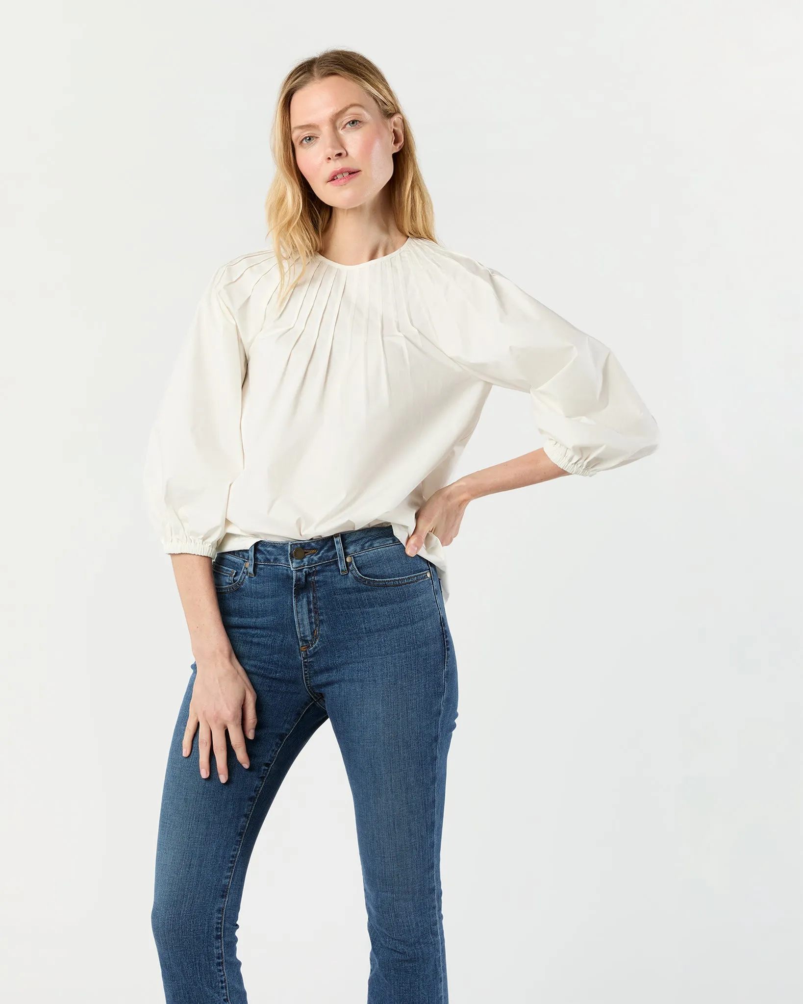 Thea Pintuck Top in Off-White Paperweight Stretch Poplin sold by Mashburn