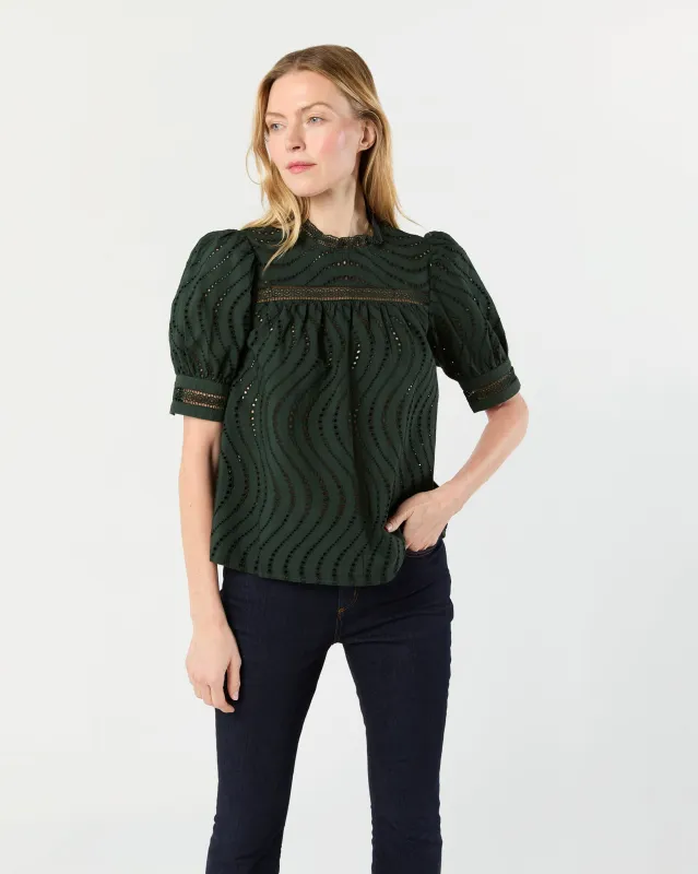 Virginia Lace Collar Short Sleeve Blouse in Cypress sold by Mashburn