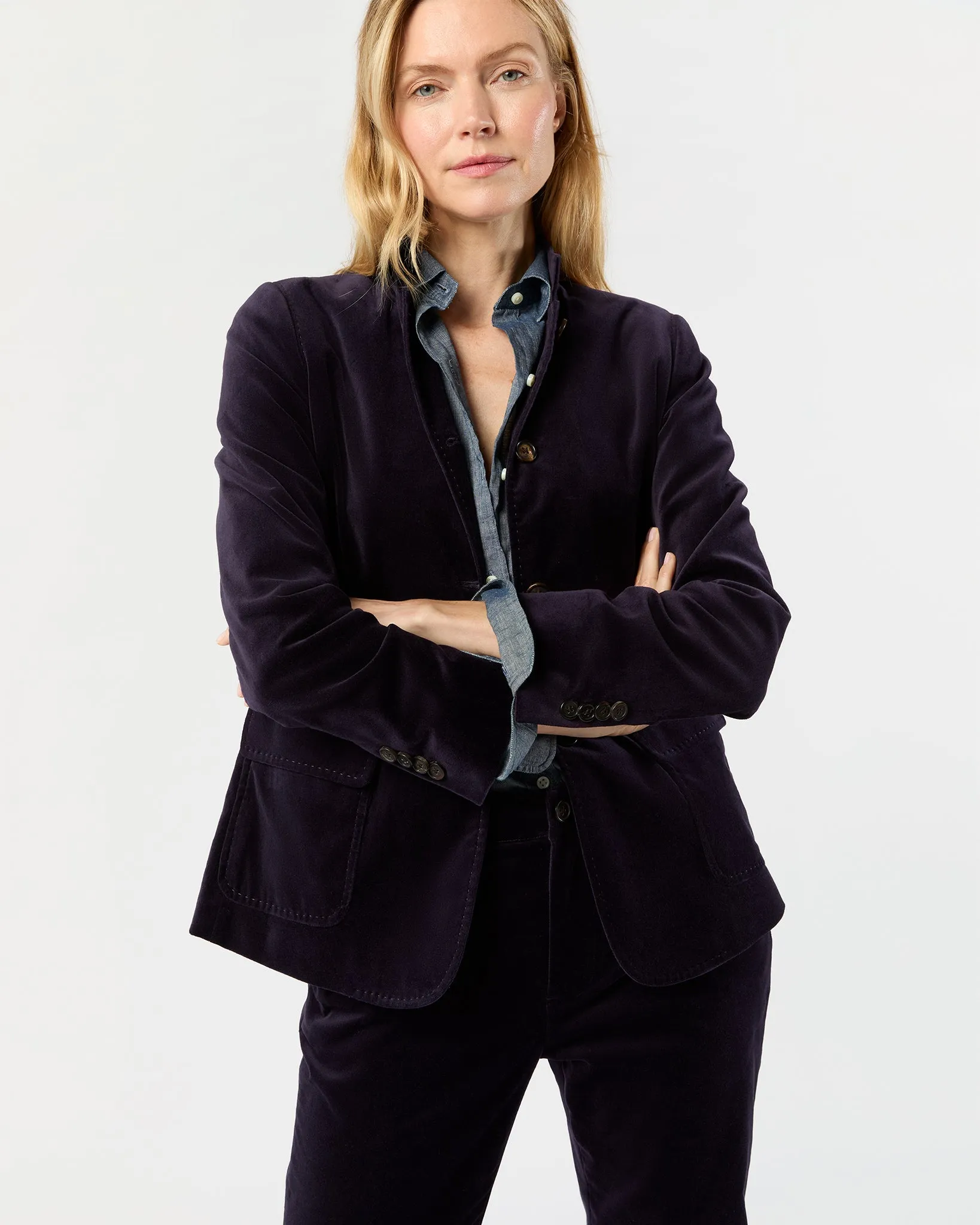 Marguerite Jacket in Eggplant Stretch Velveteen sold by Mashburn