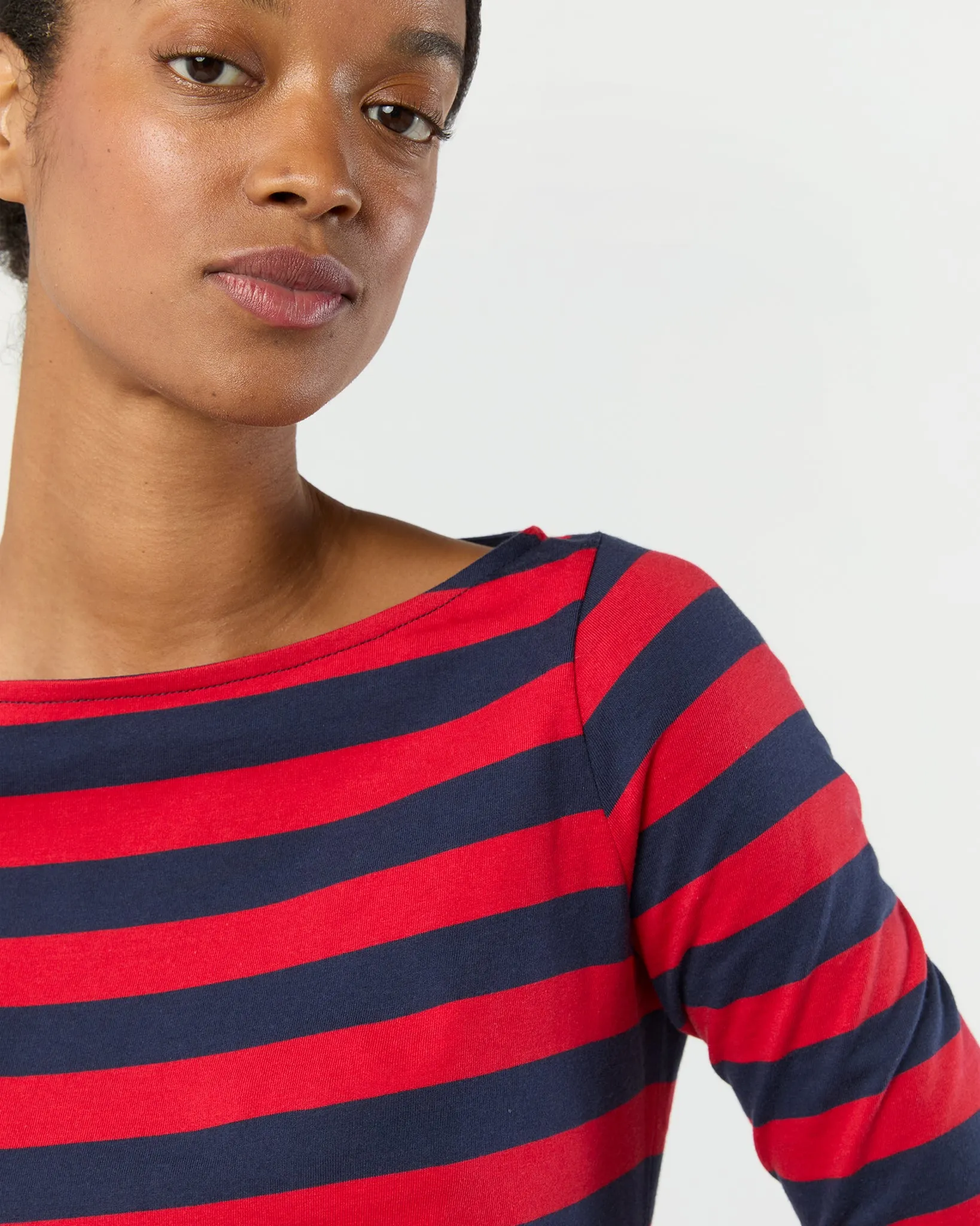 Long-Sleeved Boatneck Tee in Red/Navy Stripe Pima Cotton sold by Mashburn product image thumbnail 4