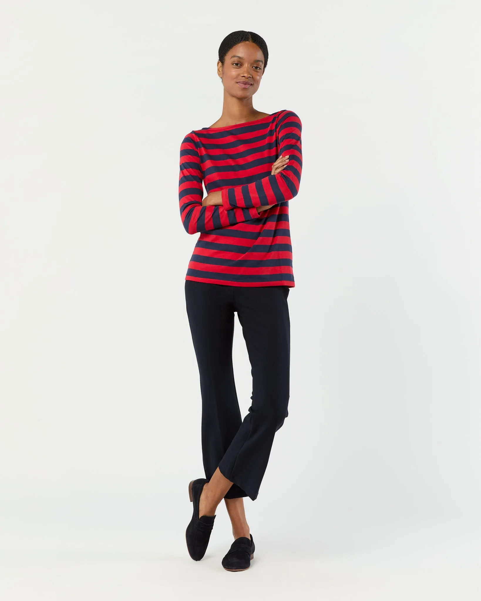 Long-Sleeved Boatneck Tee in Red/Navy Stripe Pima Cotton sold by Mashburn