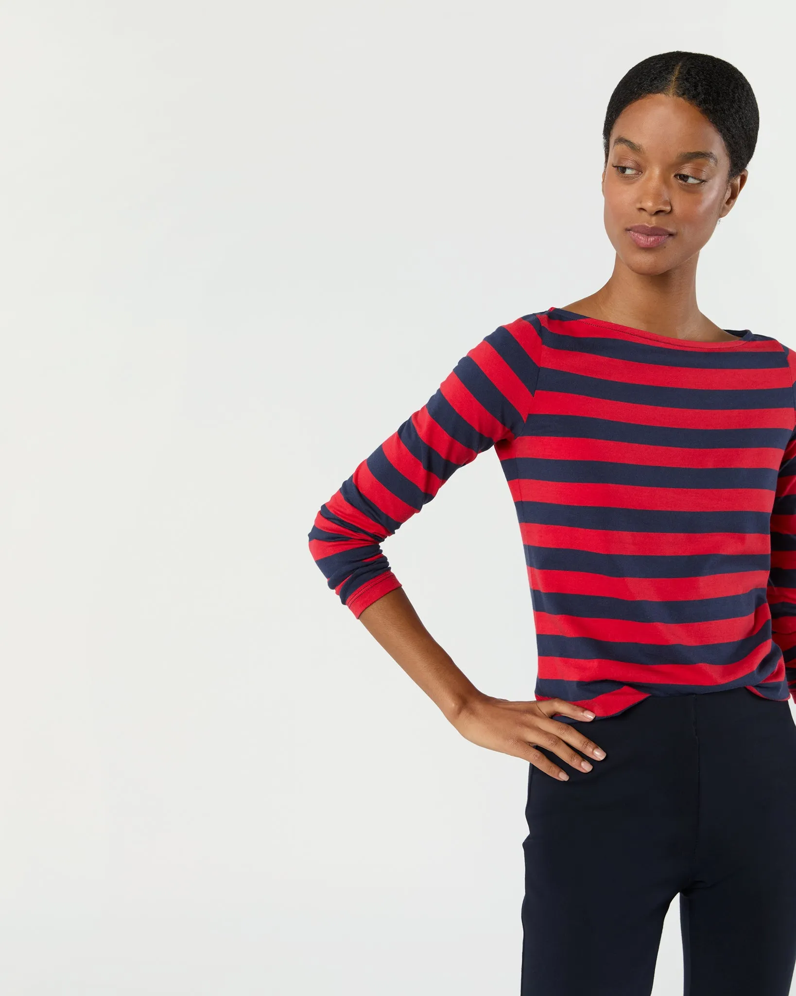 Long-Sleeved Boatneck Tee in Red/Navy Stripe Pima Cotton sold by Mashburn product image thumbnail 3