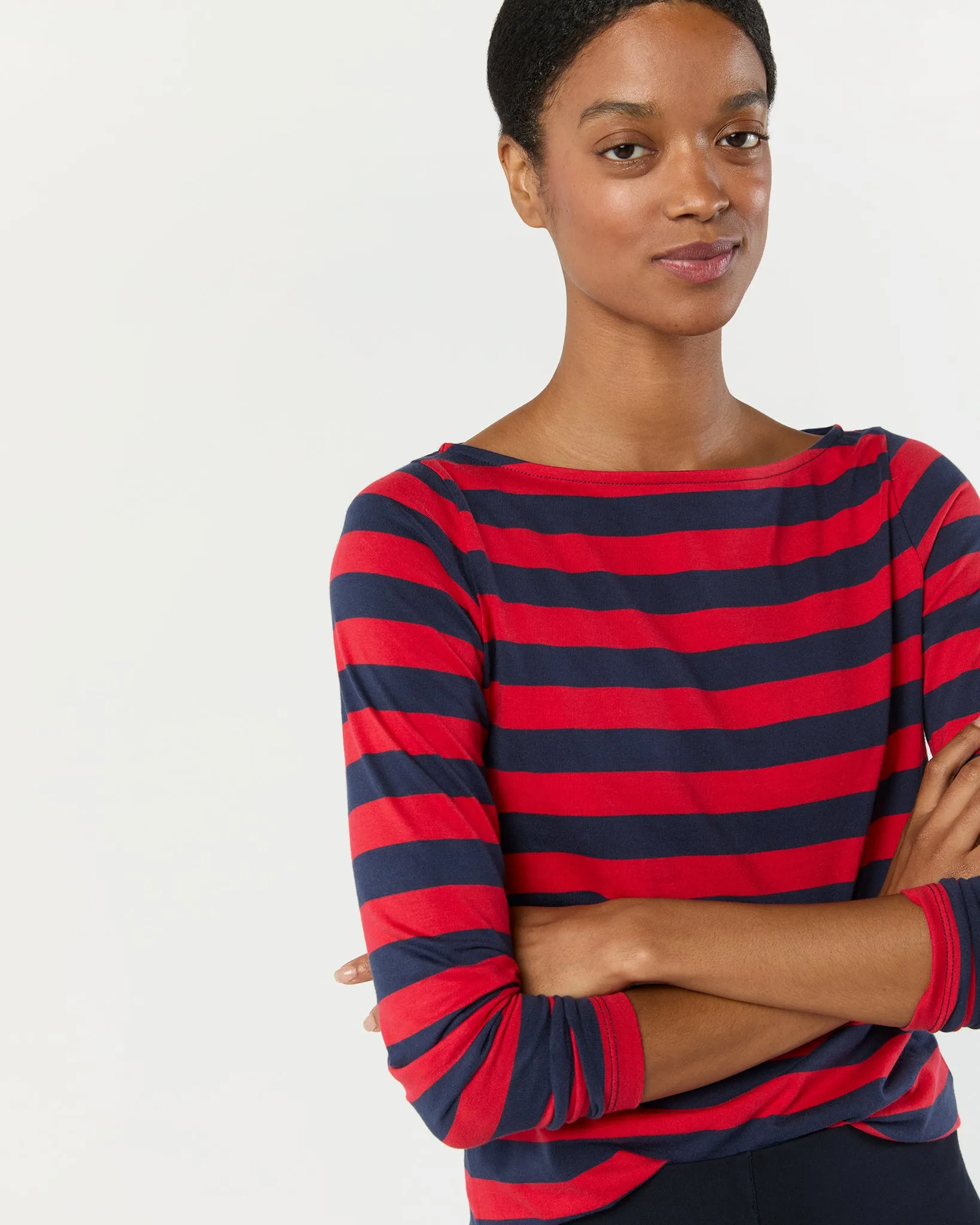 Long-Sleeved Boatneck Tee in Red/Navy Stripe Pima Cotton sold by Mashburn product image thumbnail 2
