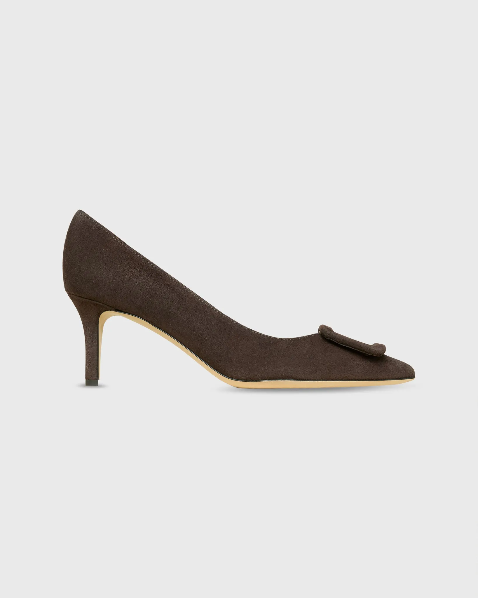 Pointed-Toe Buckle Pump in Dark Brown Suede sold by Mashburn