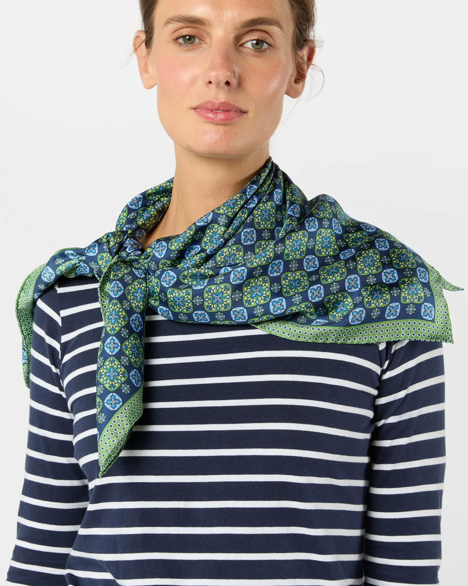 Large Hand-Rolled Scarf in Blue/Green Flower Tile sold by Mashburn product image thumbnail 2