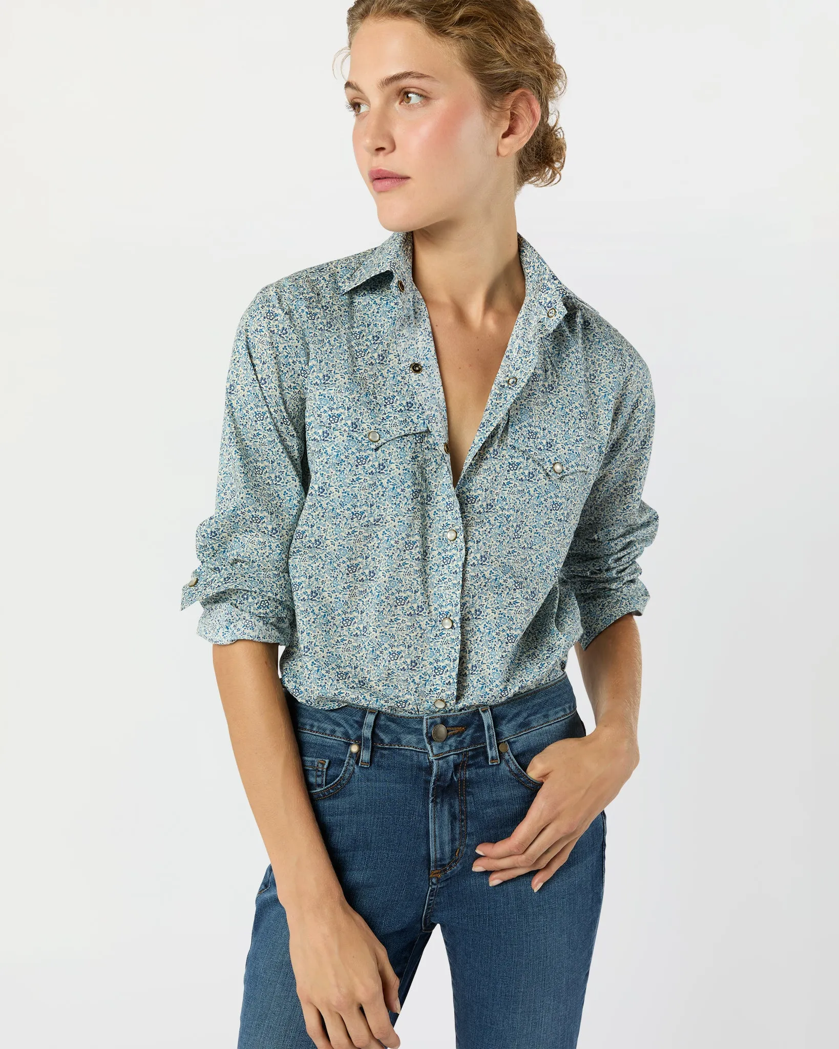Western Shirt in Blue Katie & Millie Liberty Fabric sold by Mashburn