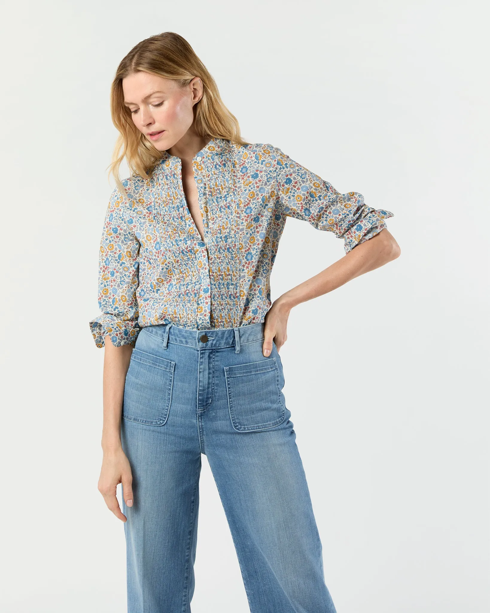 Alden Shirt in Blue/Gold D'Anjo Liberty Fabric sold by Mashburn