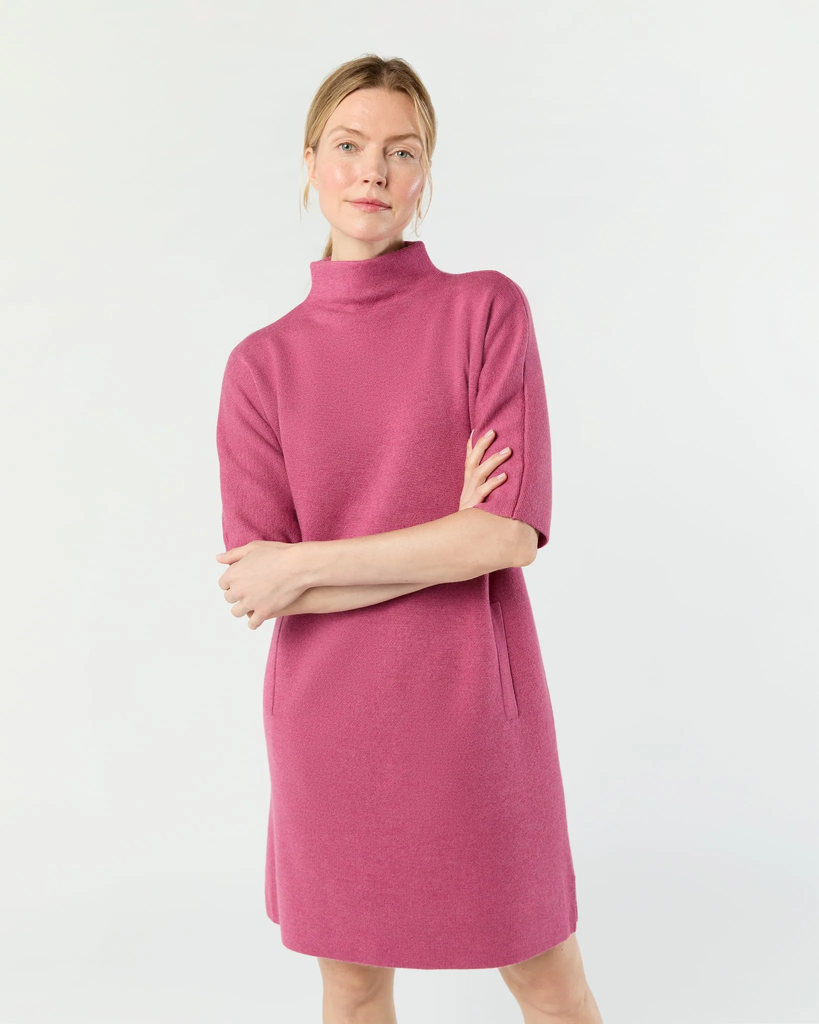 Rowan Short-Sleeved Funnel-Neck Dress in Heather Pink Extra Fine Merino Wool sold by Mashburn product image thumbnail 2