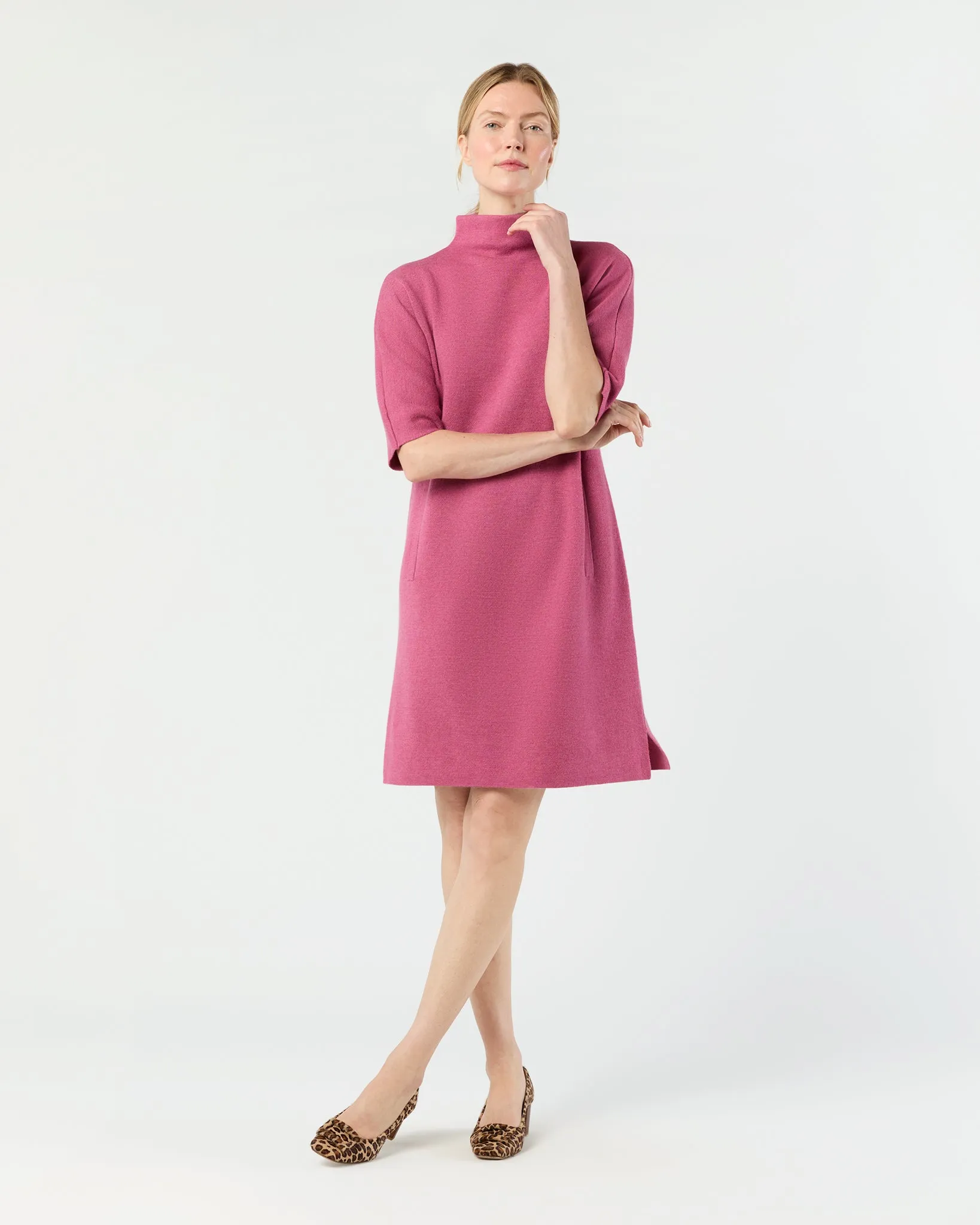 Rowan Short-Sleeved Funnel-Neck Dress in Heather Pink Extra Fine Merino Wool sold by Mashburn