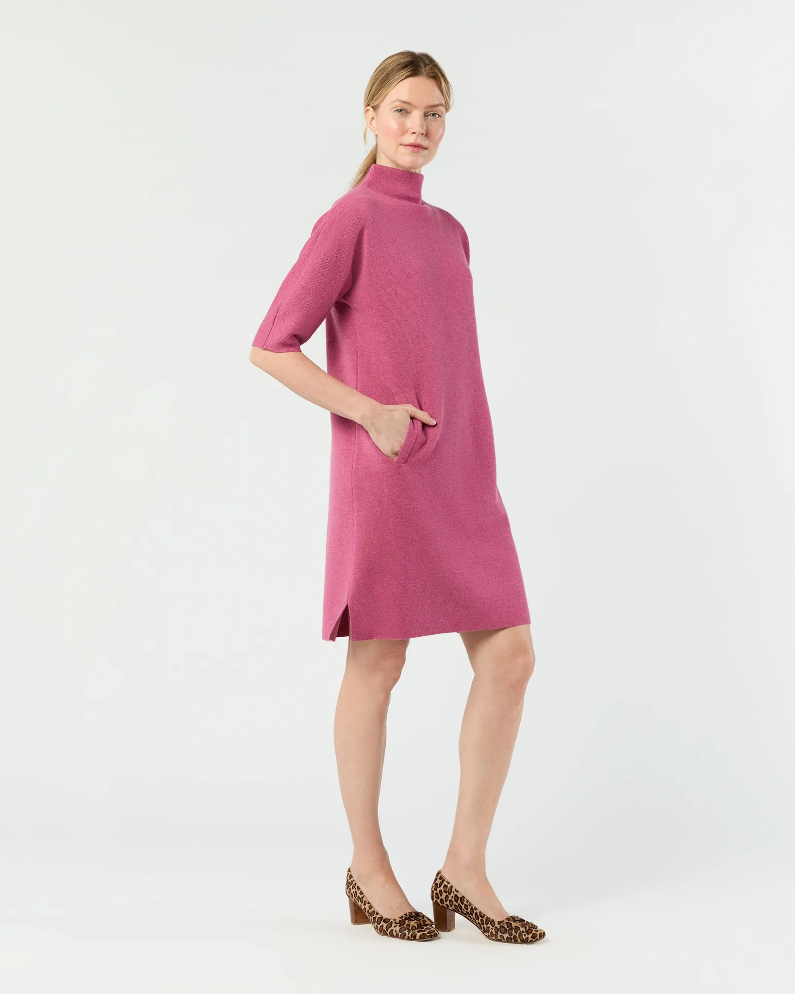 Rowan Short-Sleeved Funnel-Neck Dress in Heather Pink Extra Fine Merino Wool sold by Mashburn product image thumbnail 3