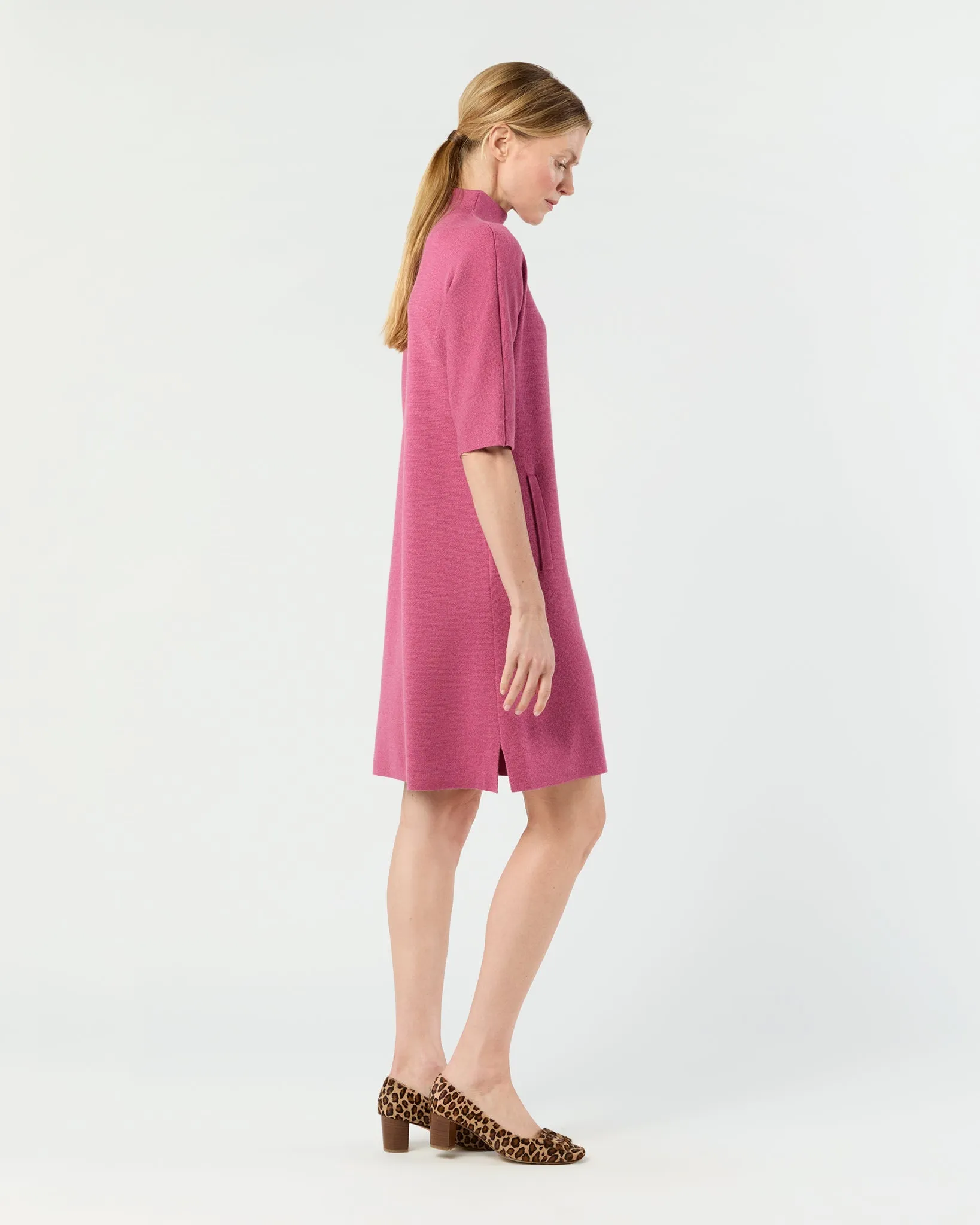 Rowan Short-Sleeved Funnel-Neck Dress in Heather Pink Extra Fine Merino Wool sold by Mashburn product image thumbnail 5