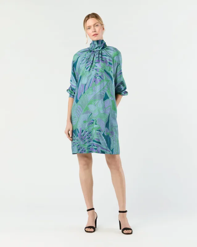 Maggie Dress in Purple/Green Butterfly Block Print Silk Twill sold by Mashburn