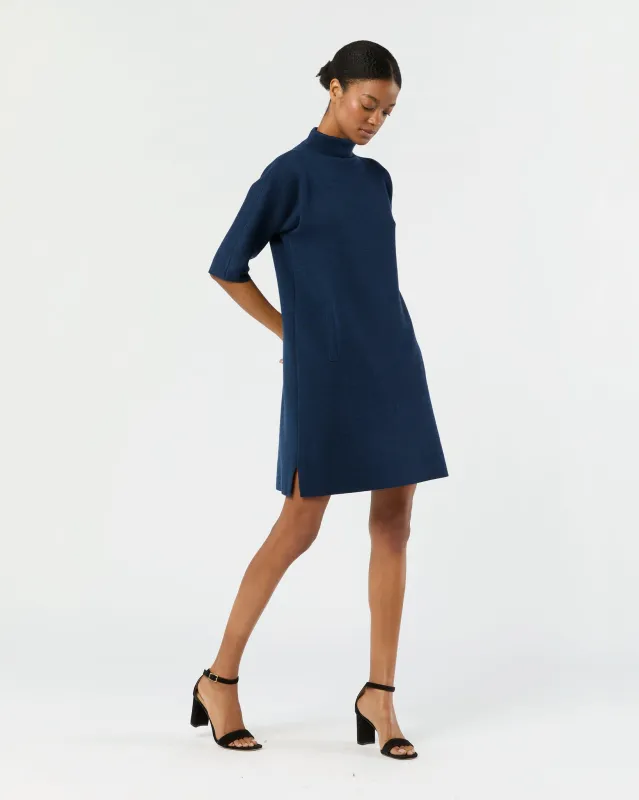 Rowan Short-Sleeved Funnel-Neck Dress in Heather Navy Extra Fine Merino Wool sold by Mashburn