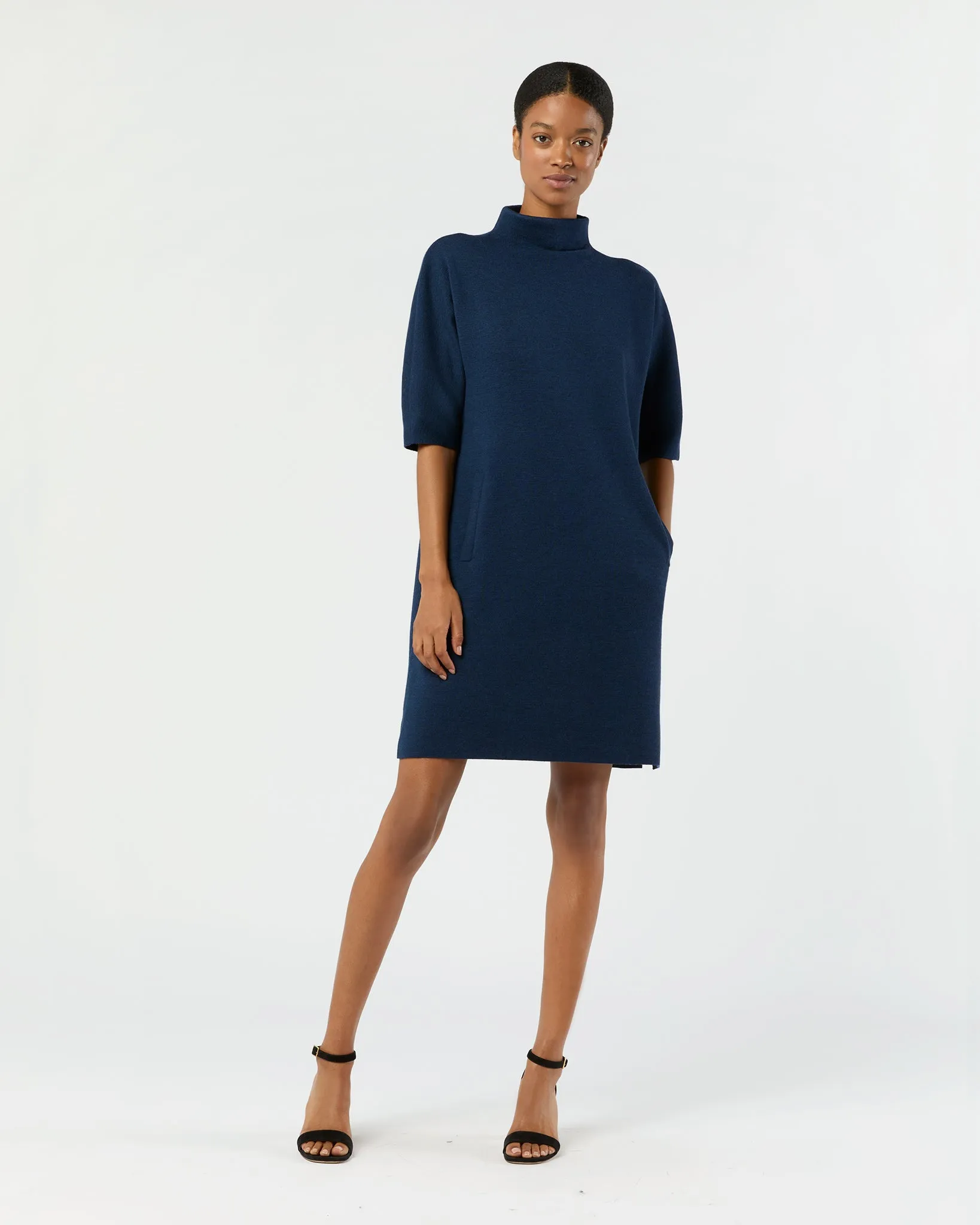 Rowan Short-Sleeved Funnel-Neck Dress in Heather Navy Extra Fine Merino Wool sold by Mashburn product image thumbnail 3