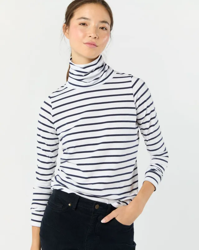 Turtleneck Tee in White/Navy Stripe Jersey sold by Mashburn