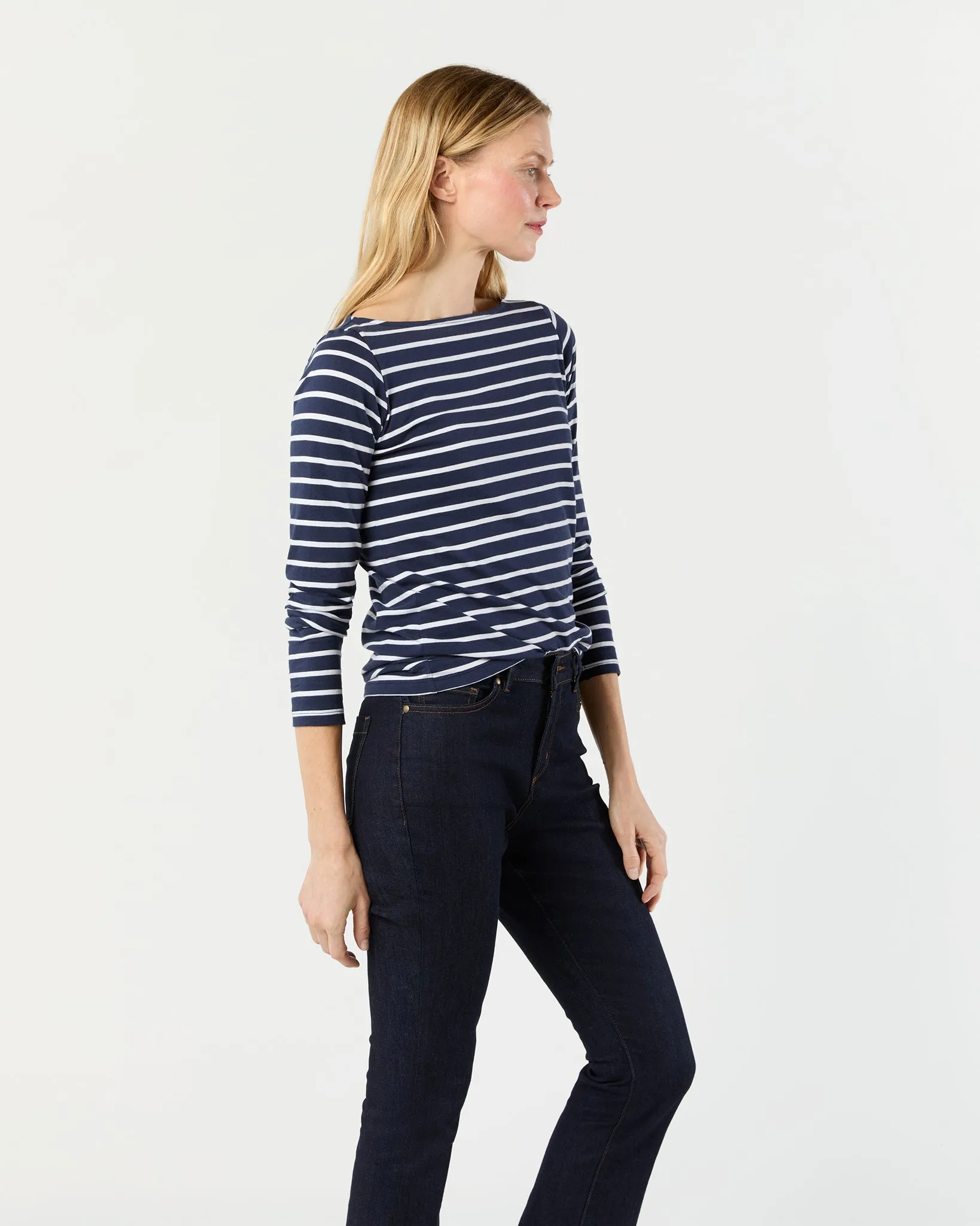 Long-Sleeved Boatneck Tee in Navy/White Stripe Pima Cotton sold by Mashburn product image thumbnail 5